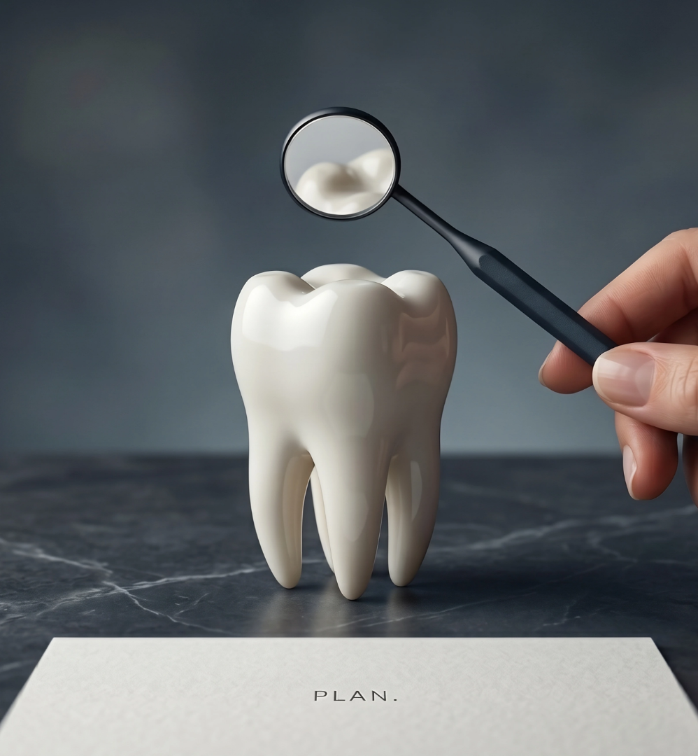 Hand holding dental mirror reflecting a large ceramic tooth on a dark surface with a card labeled PLAN.