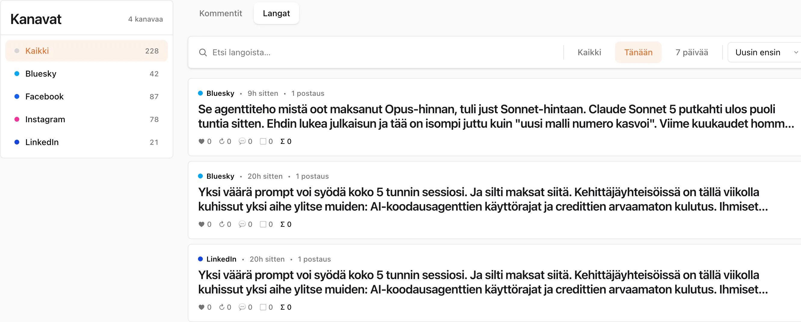 Kojelauta esittää luettelon sosiaalisen median langoista eri alustoilta, sisältäen tekoälyyn ja kehotteisiin liittyvää sisältöä.