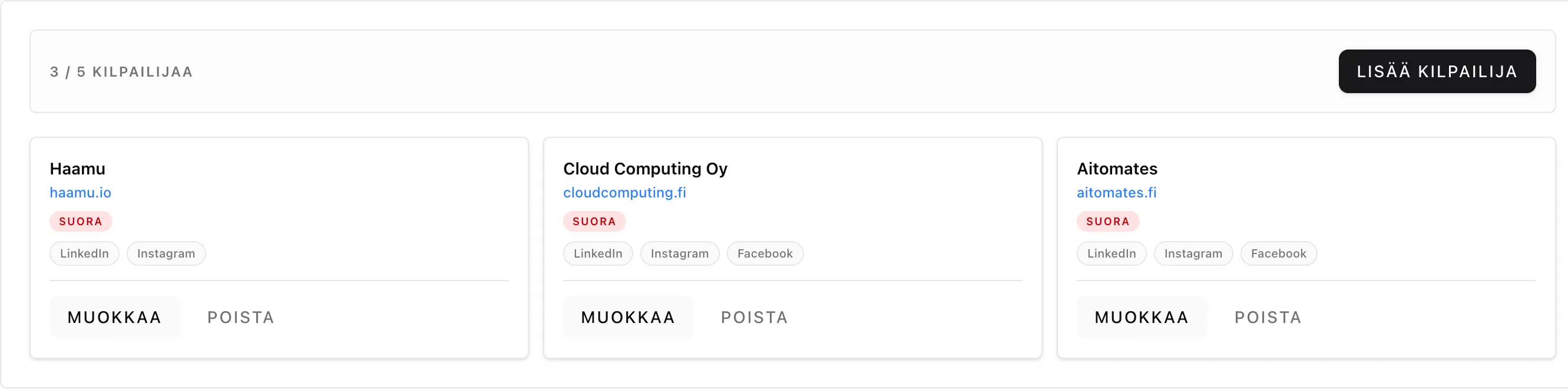 Verkkosivunäkymä esittää kolme kilpailijakorttia, joissa on kilpailijoiden tiedot, verkkosivut ja sosiaalisen median linkit mediaseurantaa varten.