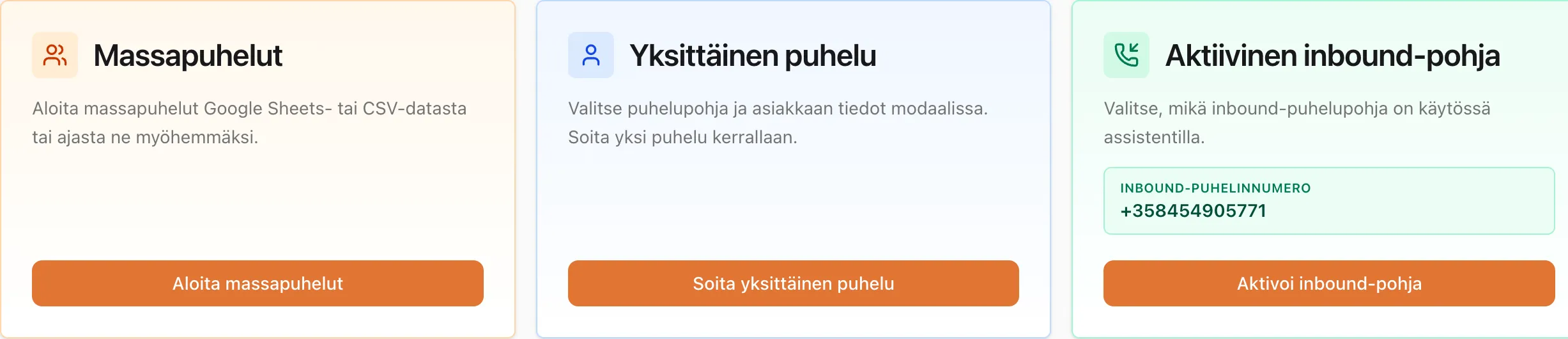Kuvassa on kolme korttia puheluiden hallintaan: massapuhelut, yksittäiset puhelut ja aktiivinen inbound-puhelupohja puhelinnumerolla.