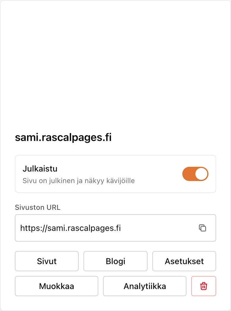 Käyttöliittymä näyttää verkkosivuston hallintapaneelin, jossa on julkaisun tila, URL-osoite ja painikkeet sivujen, blogin ja analytiikan hallintaan.