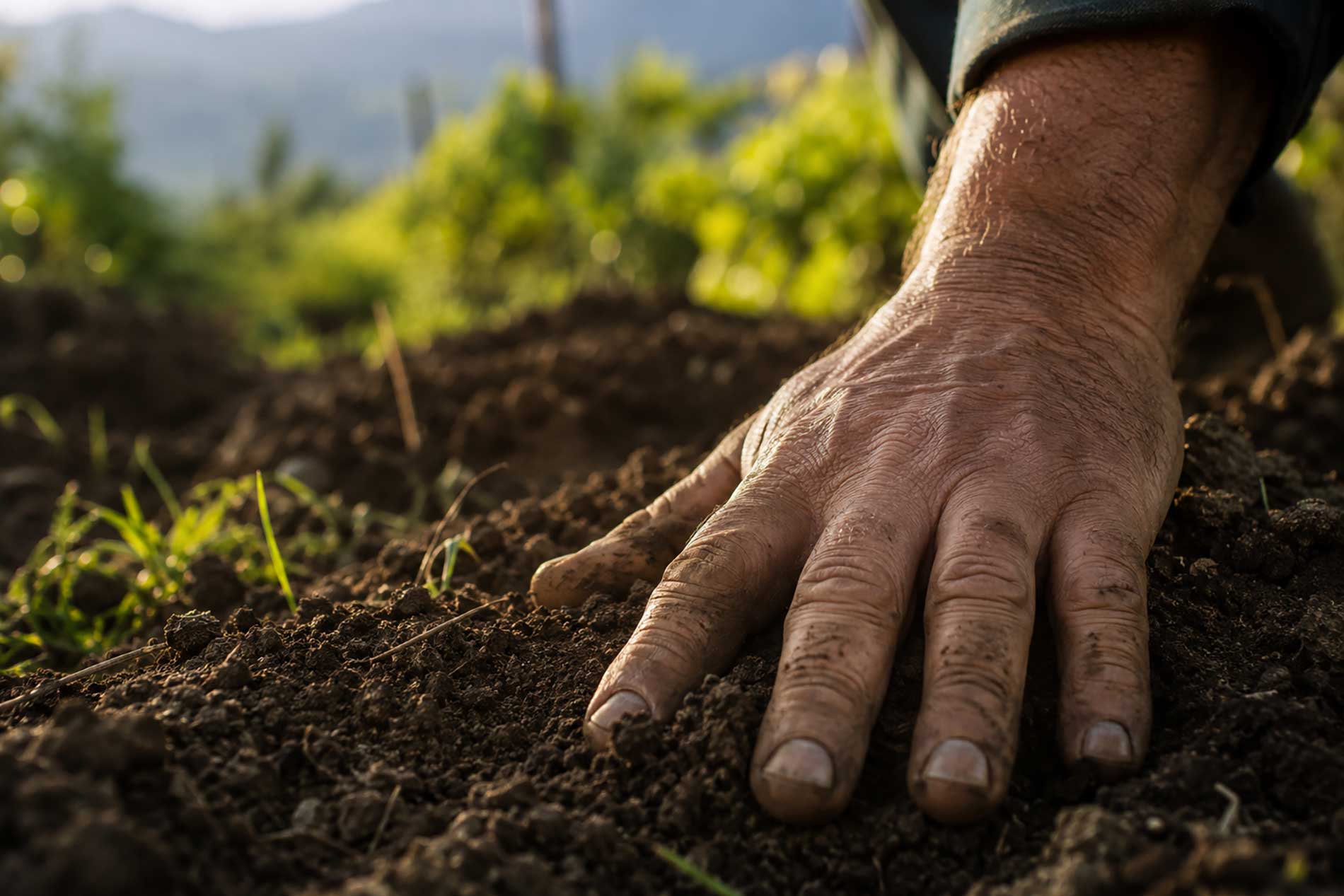Close-up of a weathered hand pressing into dark soil in a garden with blurred greenery in the background.