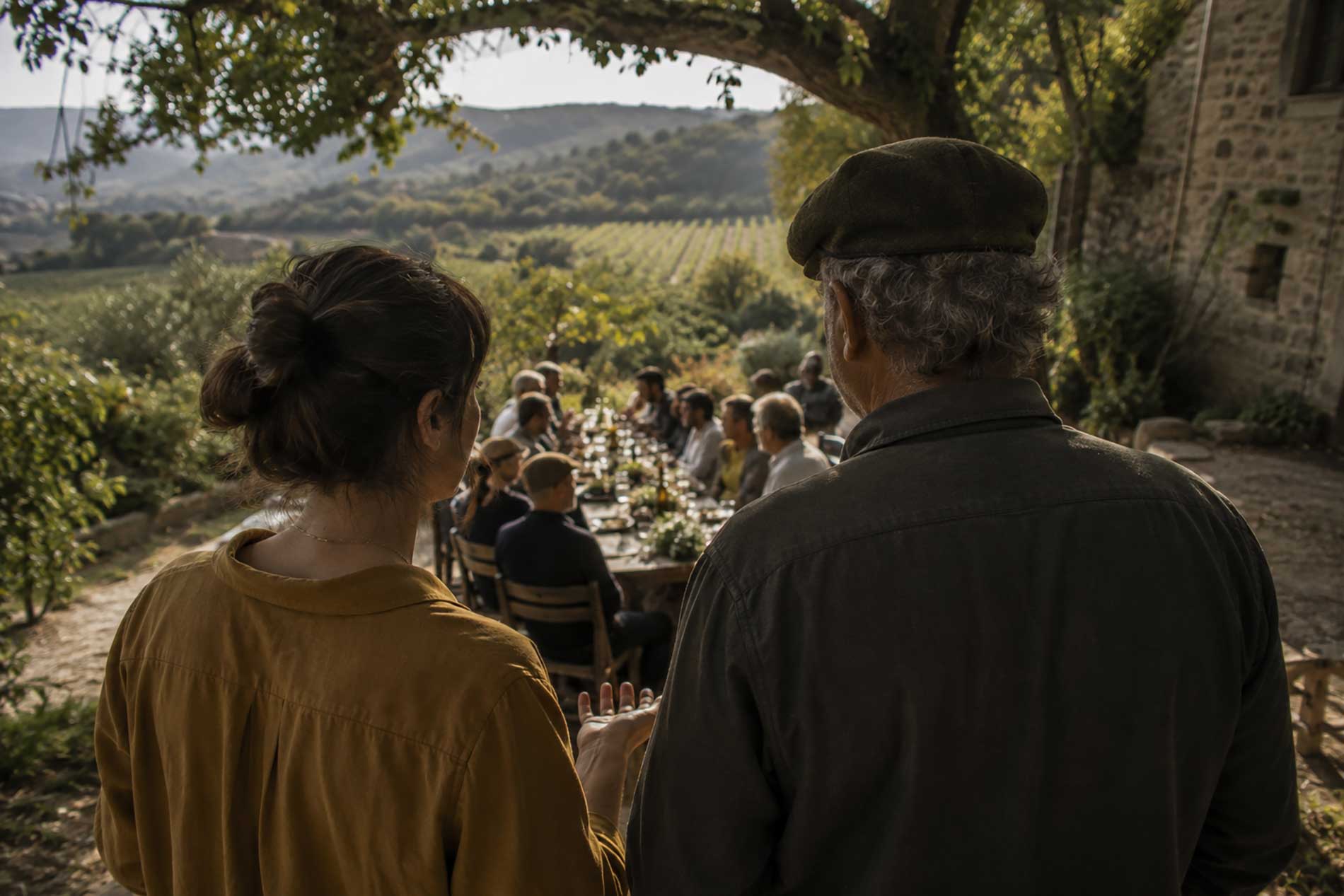 Two people overlooking an outdoor long table dinner with guests in a garden surrounded by hills.