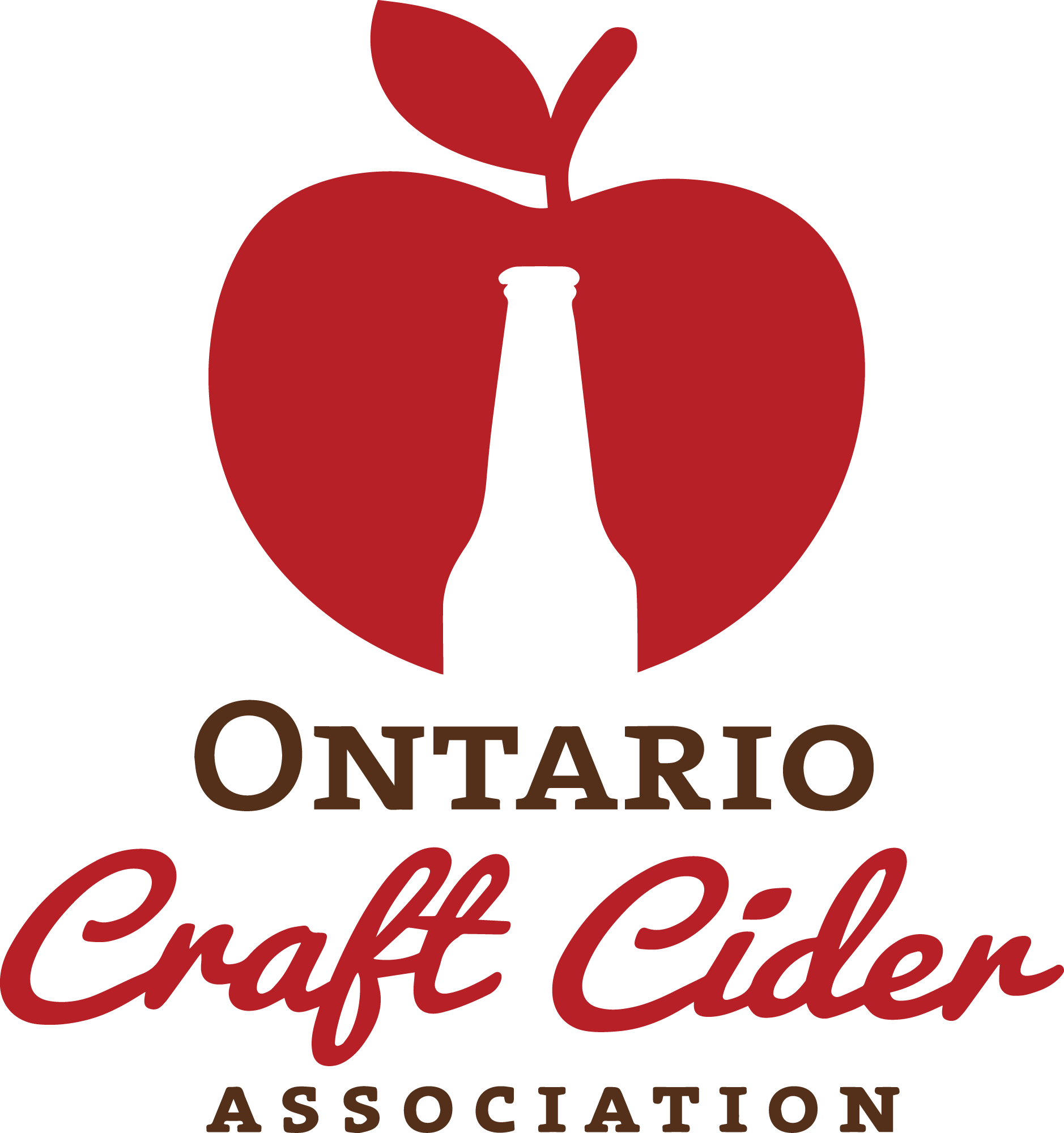 Logo with red apple shape containing a white cider bottle silhouette and text Ontario Craft Cider Association.