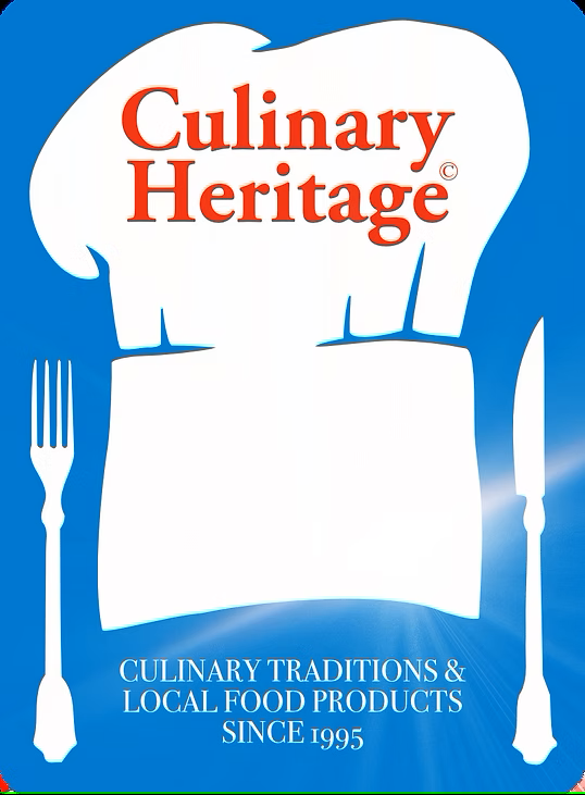 Logo with white chef hat, fork, and knife on blue background, text reads Culinary Heritage since 1995.
