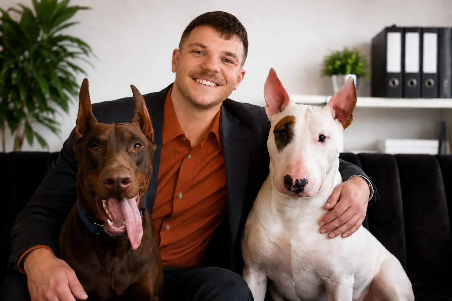 Collin with Frankie the Doberman and Walter the bull terrier