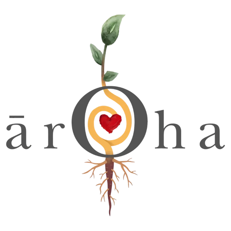 Logo with word aroha, an O formed by a growing plant with roots and a red heart inside the stem.