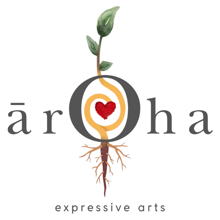 Logo with a sprouting plant, heart shape, and the text āroha expressive arts.