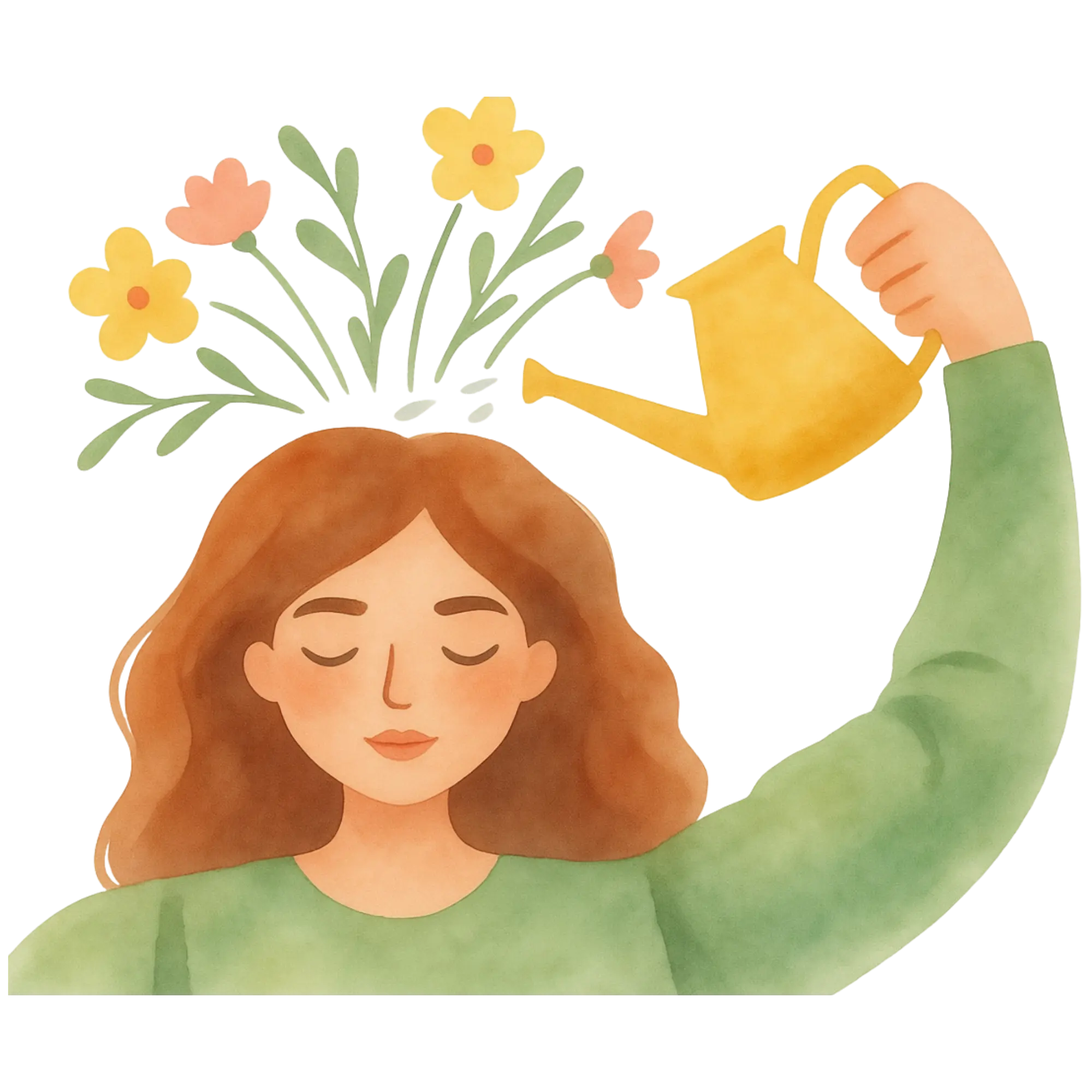 Woman with closed eyes watering flowers growing from her head with a yellow watering can.