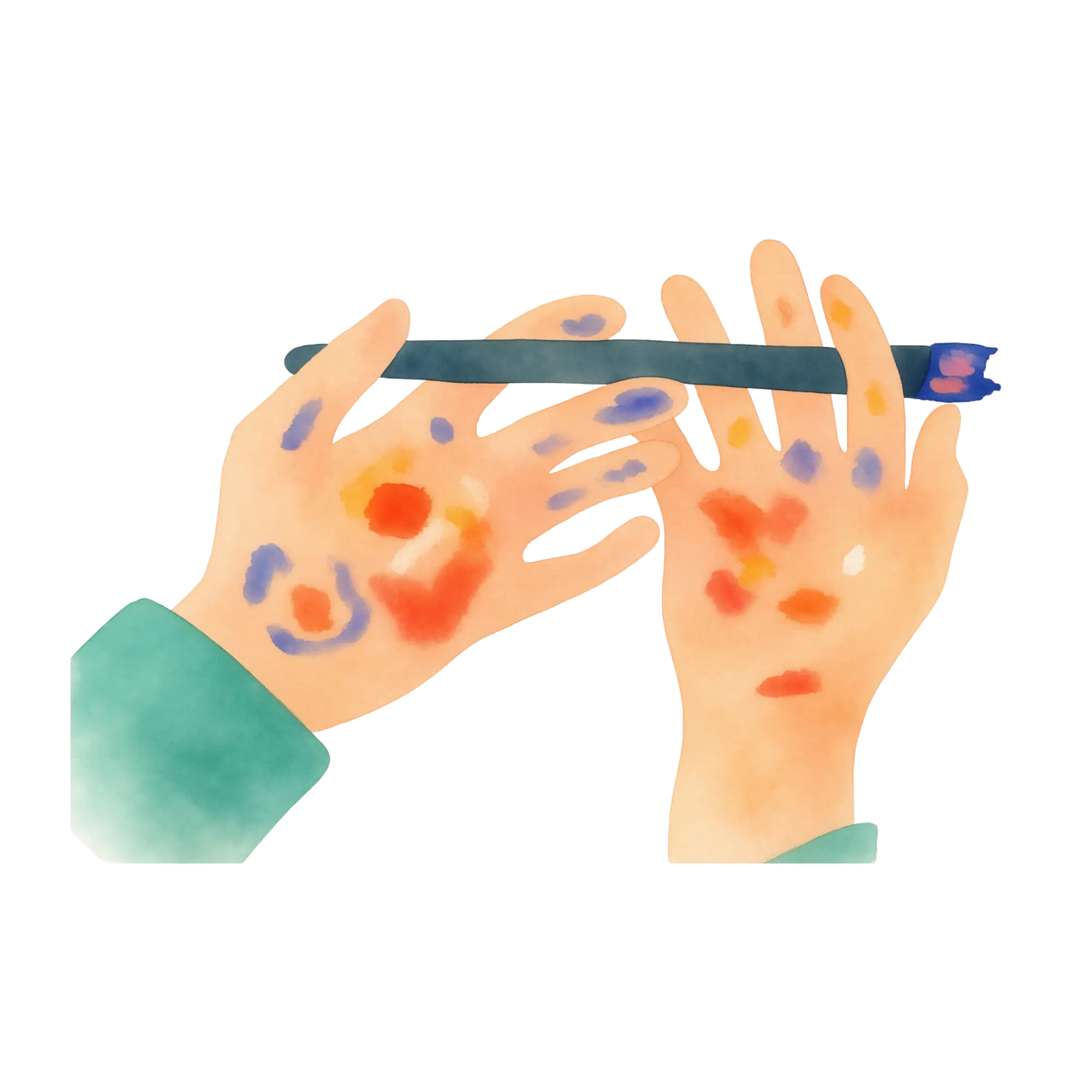 Two hands covered in colorful paint spots holding a blue brush with painted tip.