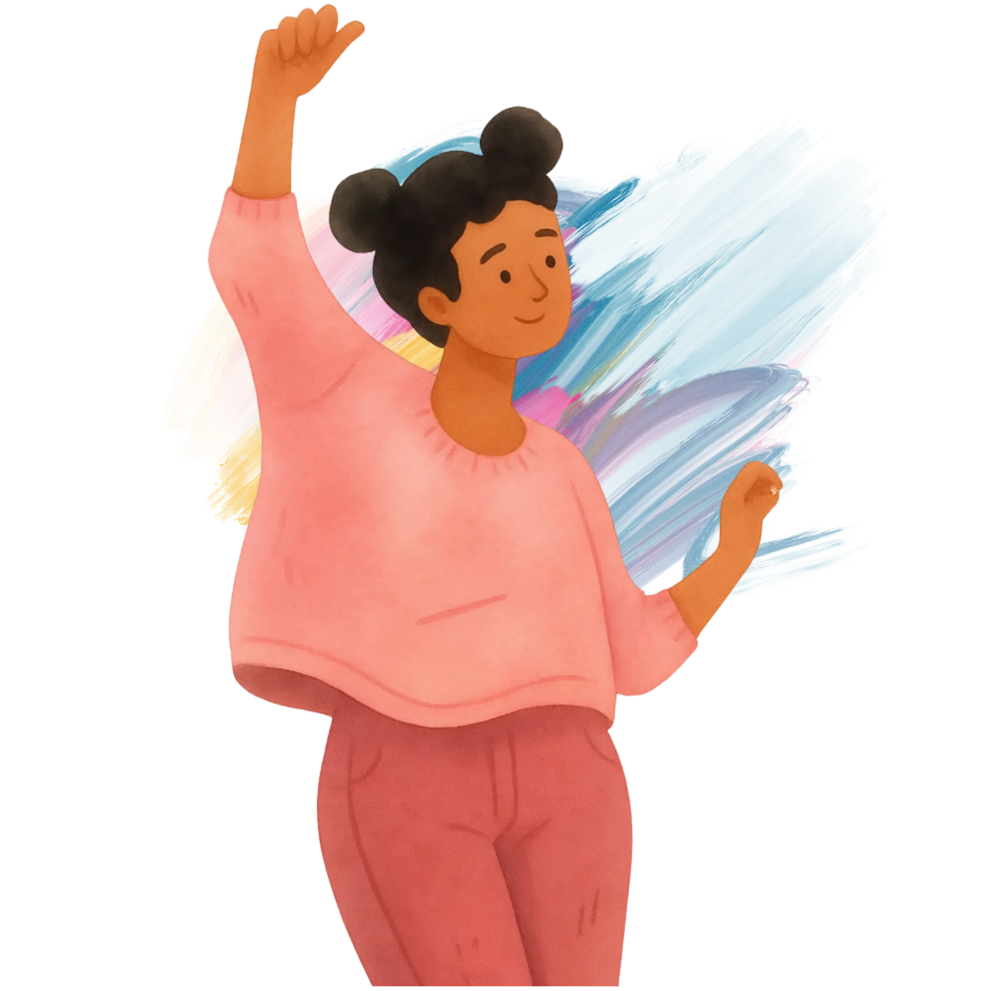 Illustration of a smiling woman dancing with colorful paint strokes in the background.