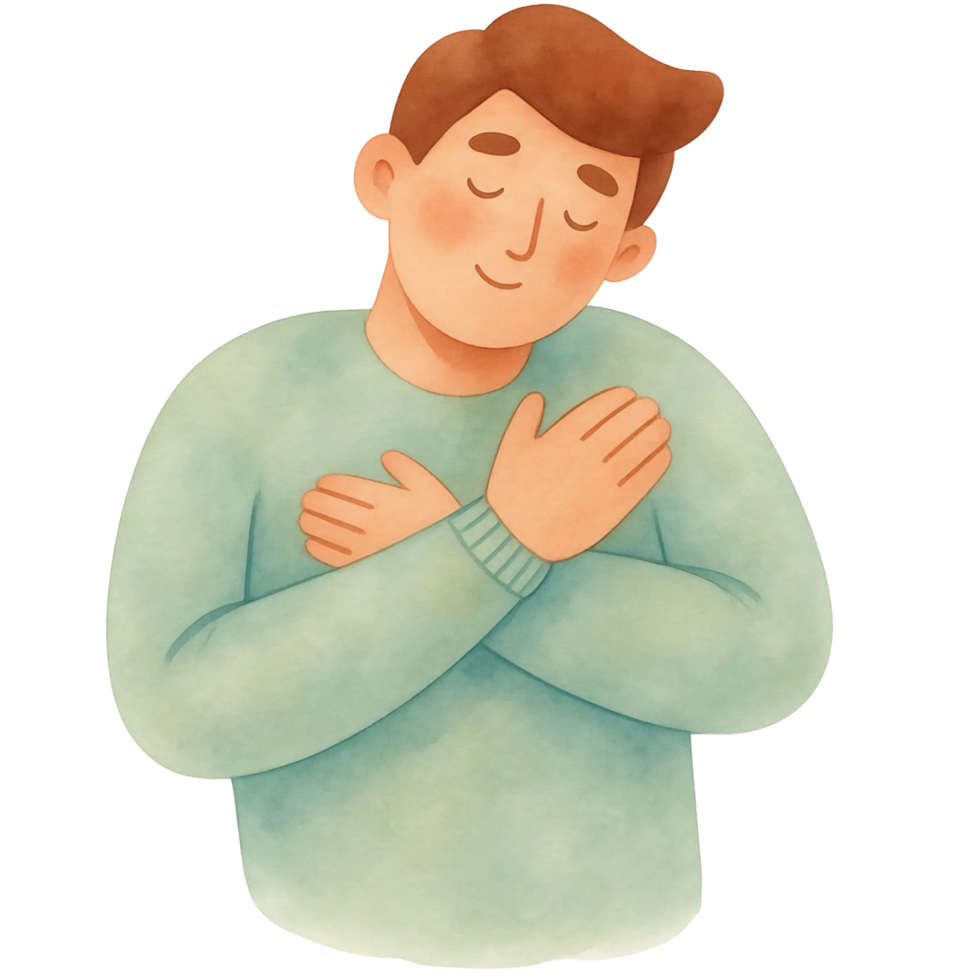Illustration of a person with closed eyes hugging themselves with crossed arms, wearing a light blue sweater.