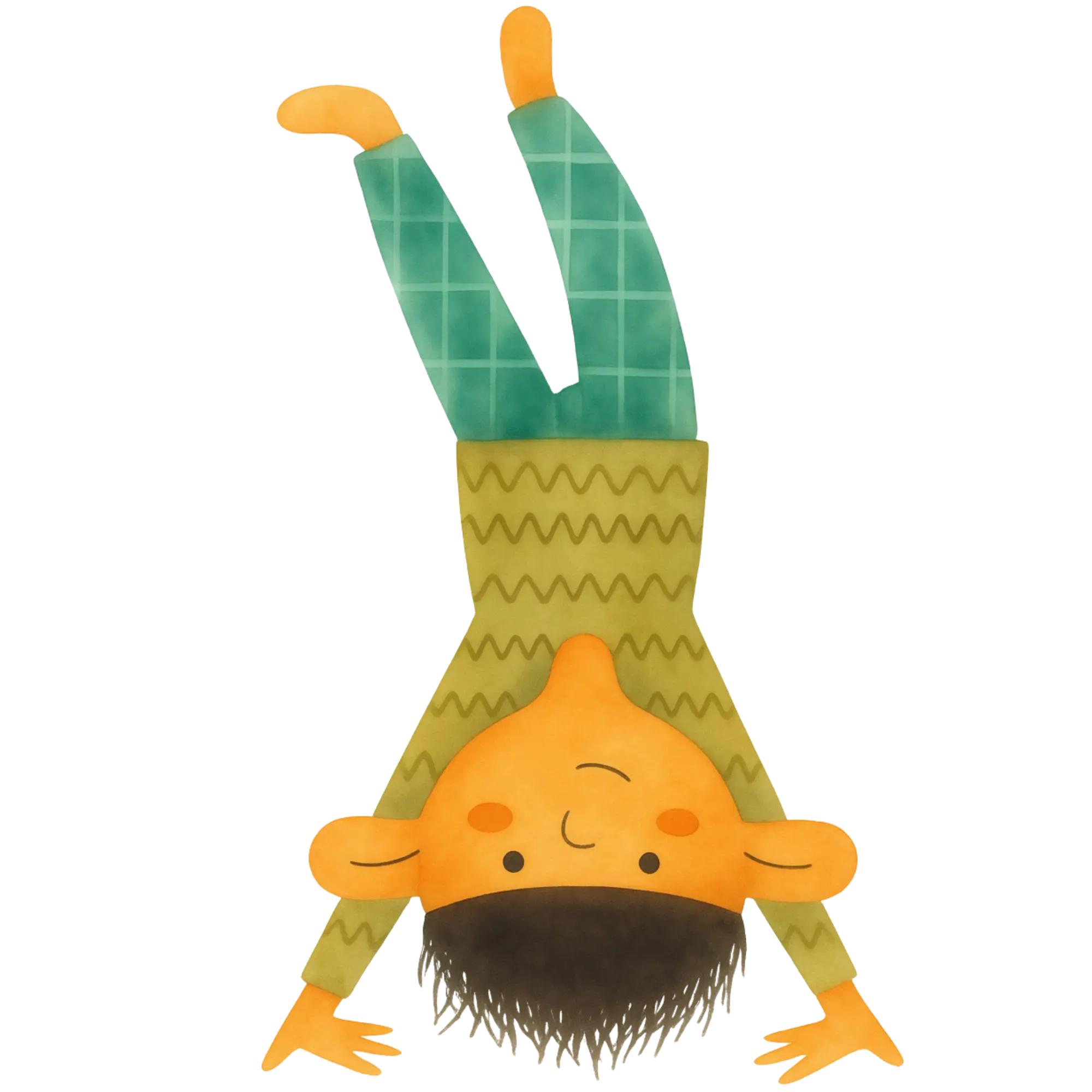 Cartoon boy doing a handstand wearing a green wavy sweater and checkered pants.