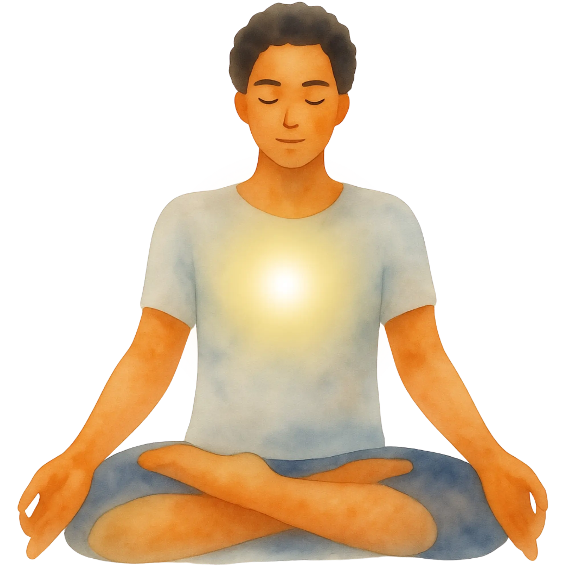 Person sitting cross-legged meditating with glowing light at the heart center and calm expression.