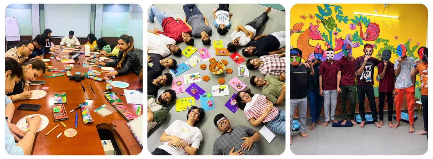 Three groups of people doing art activities: drawing at table, lying in circle with crafts, wearing colorful masks indoors.