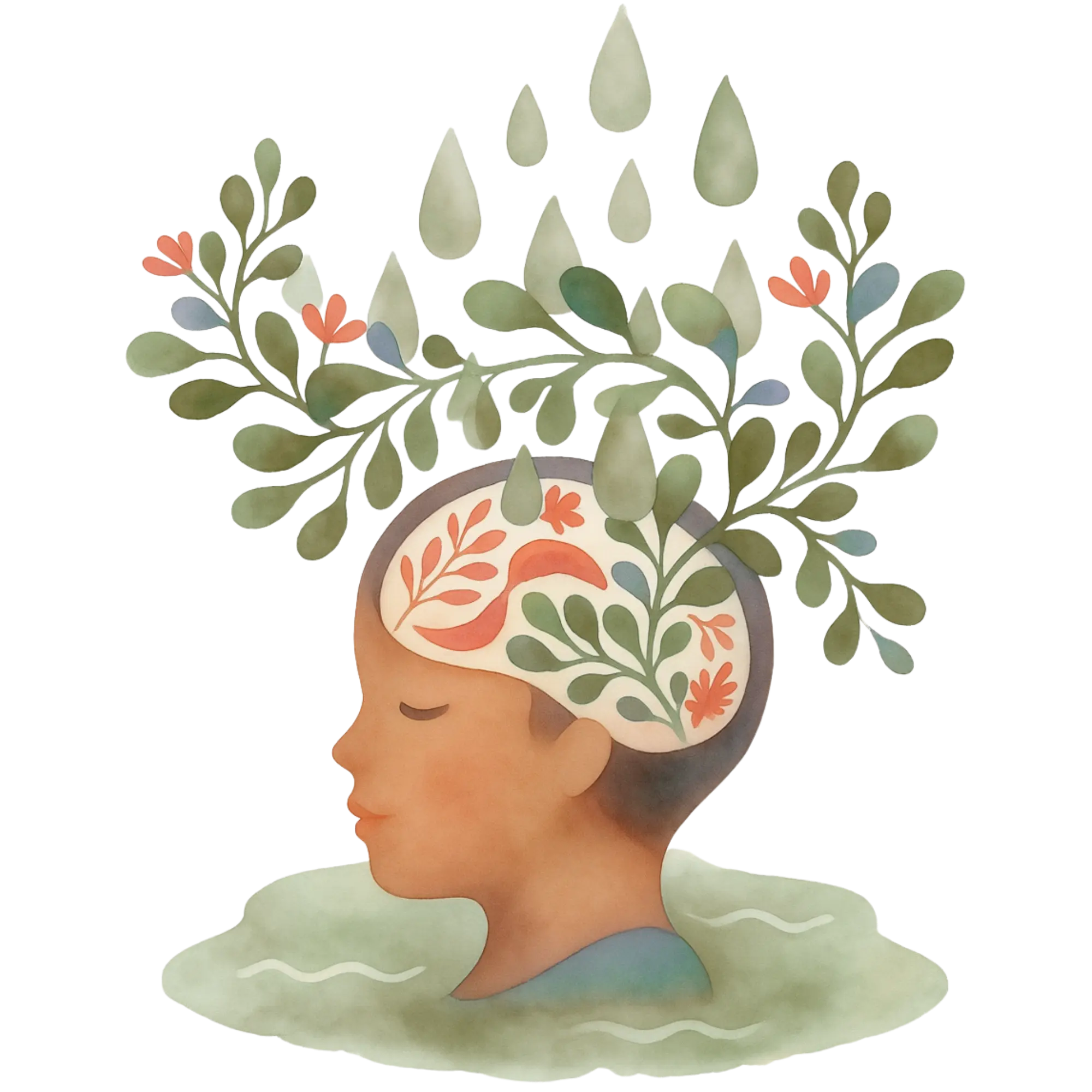 Watercolor of a person's head with plants and leaves growing from the brain area.