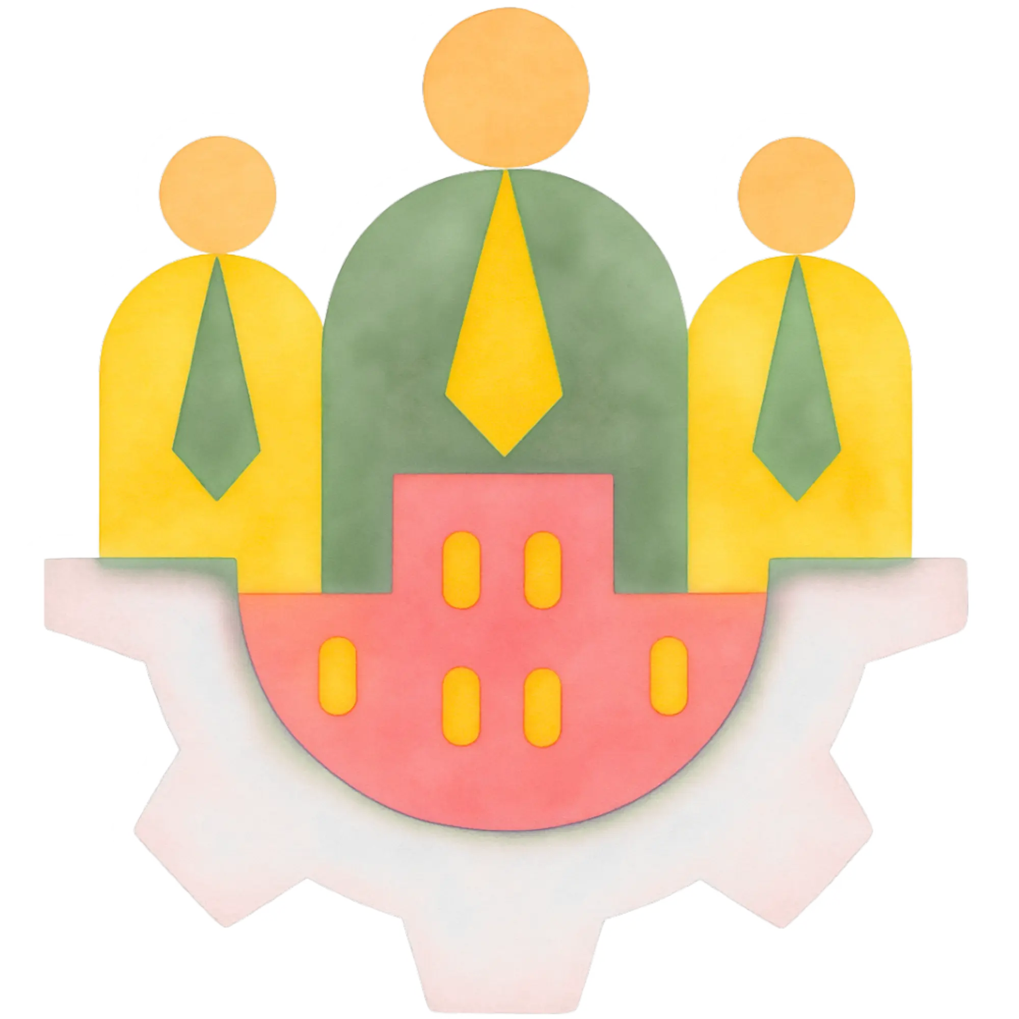 Three stylized business people with ties standing behind a factory inside a gear.