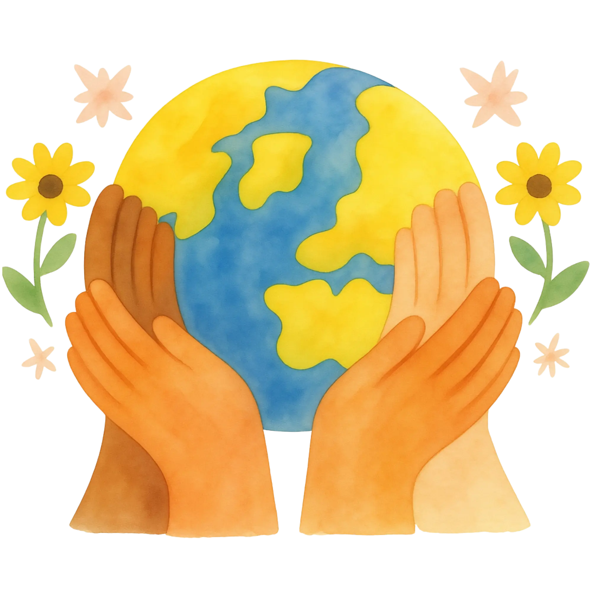 Four hands of diverse skin tones holding a globe surrounded by sunflowers and stars.