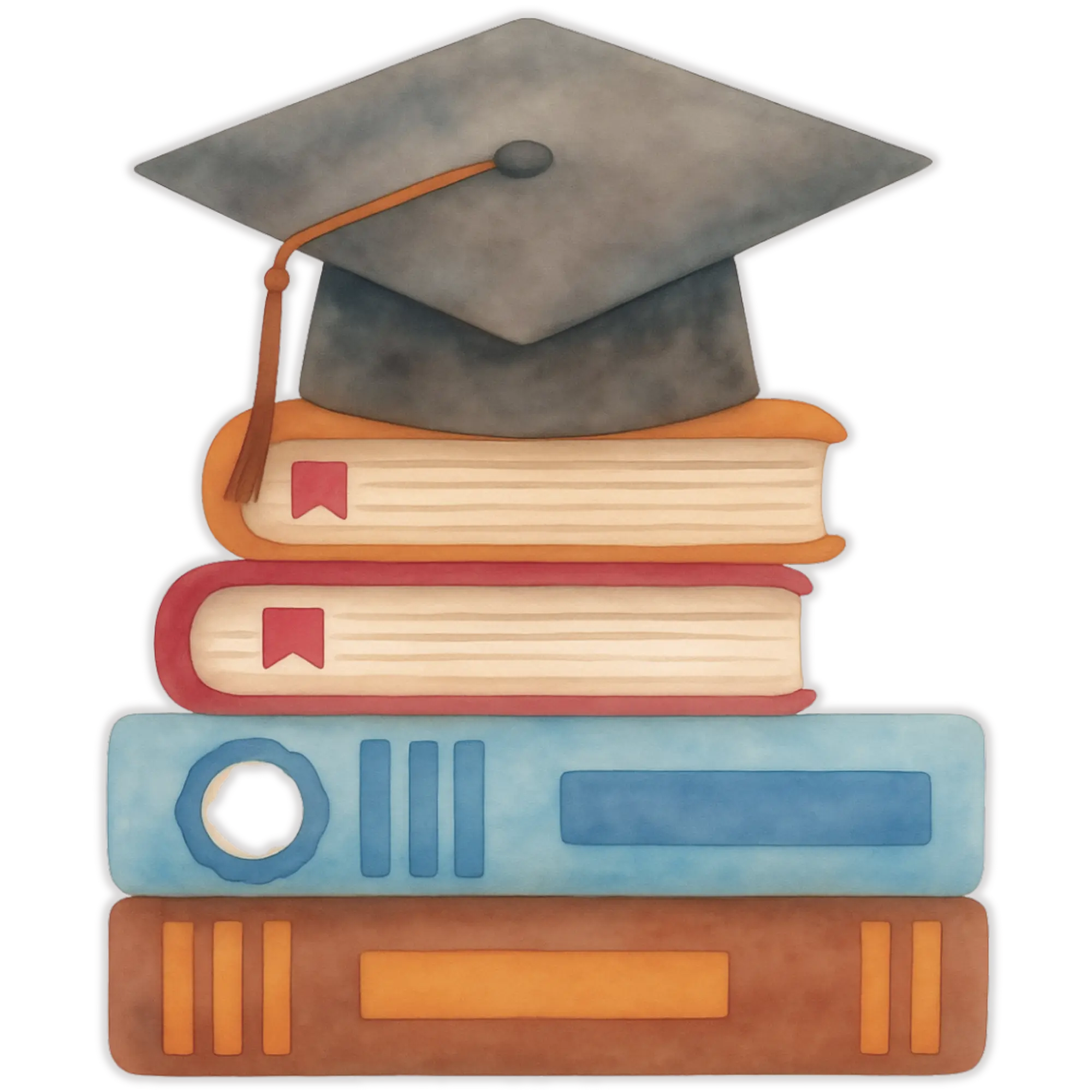 Stack of four books with a graduation cap resting on top symbolizing education.
