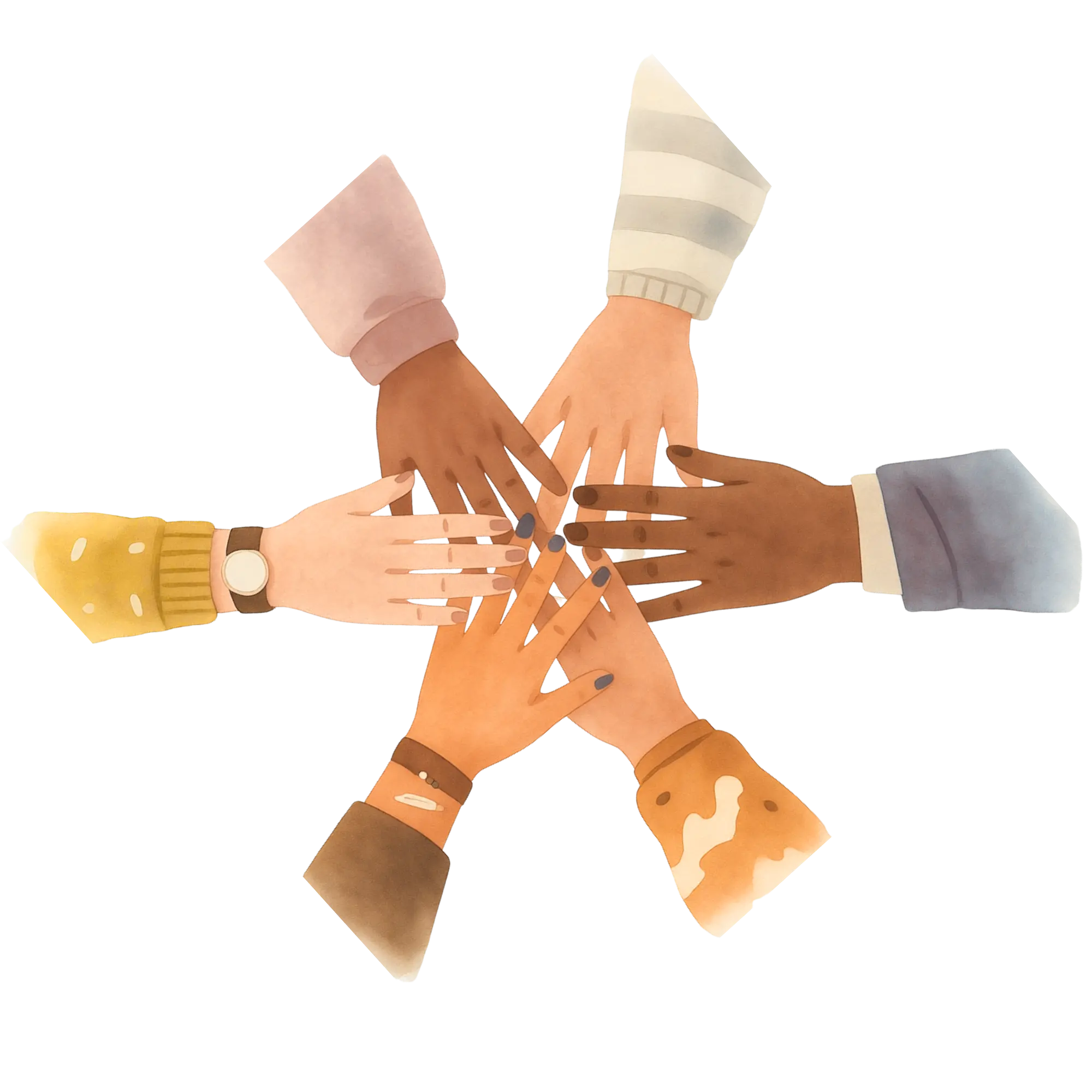 Six diverse hands stacked together in a circle symbolizing unity and teamwork.