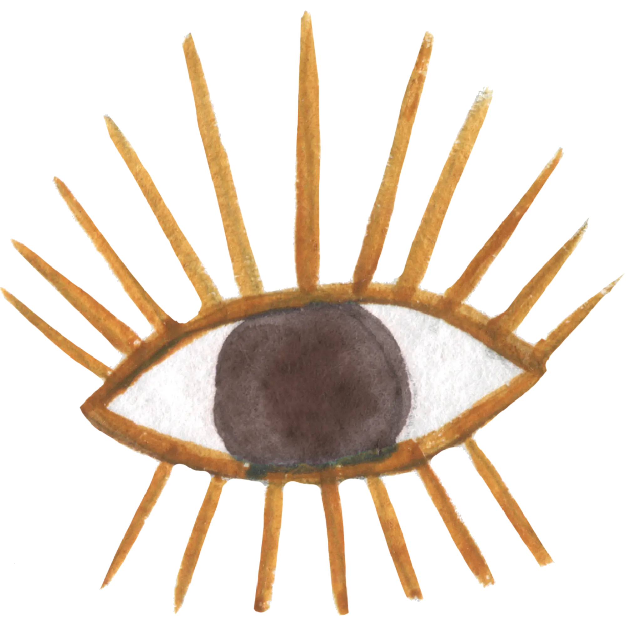 Stylized eye illustration with long golden rays extending outward from the outline.