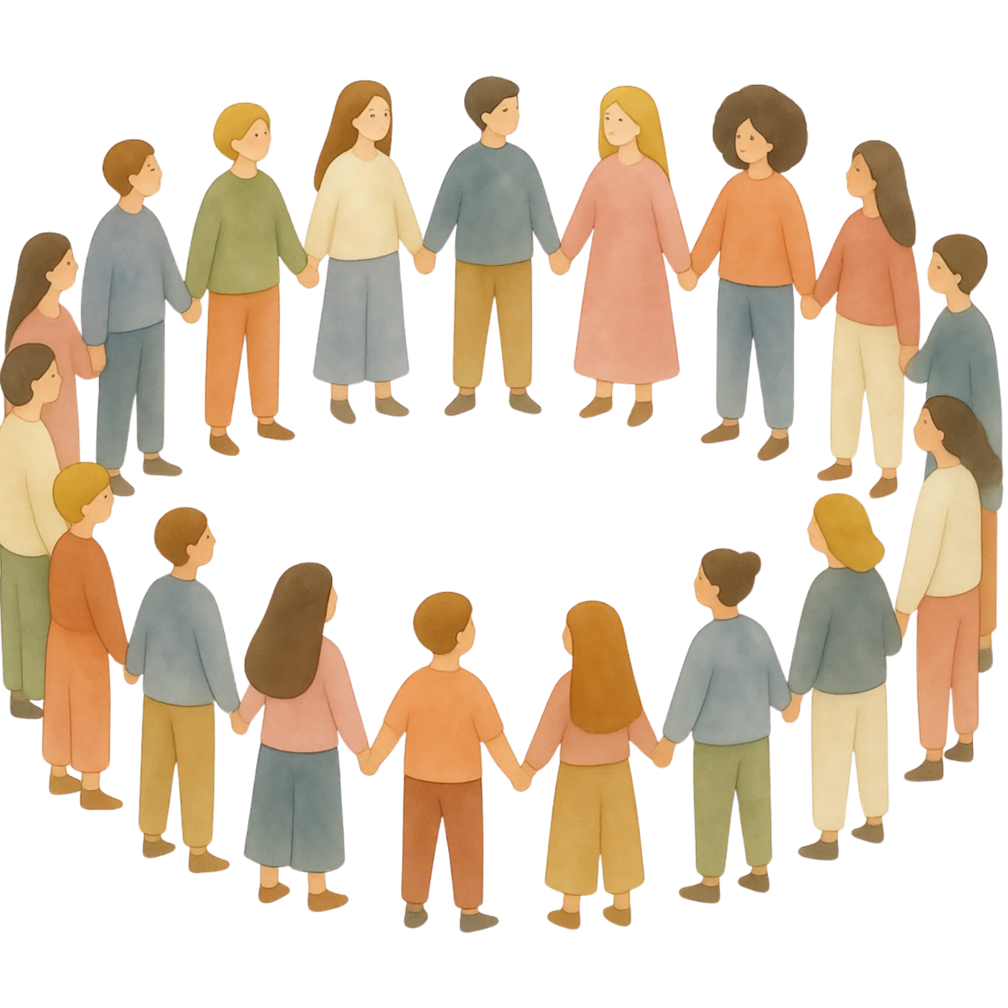 Illustration of diverse people holding hands in a large circle, symbolizing unity and community.