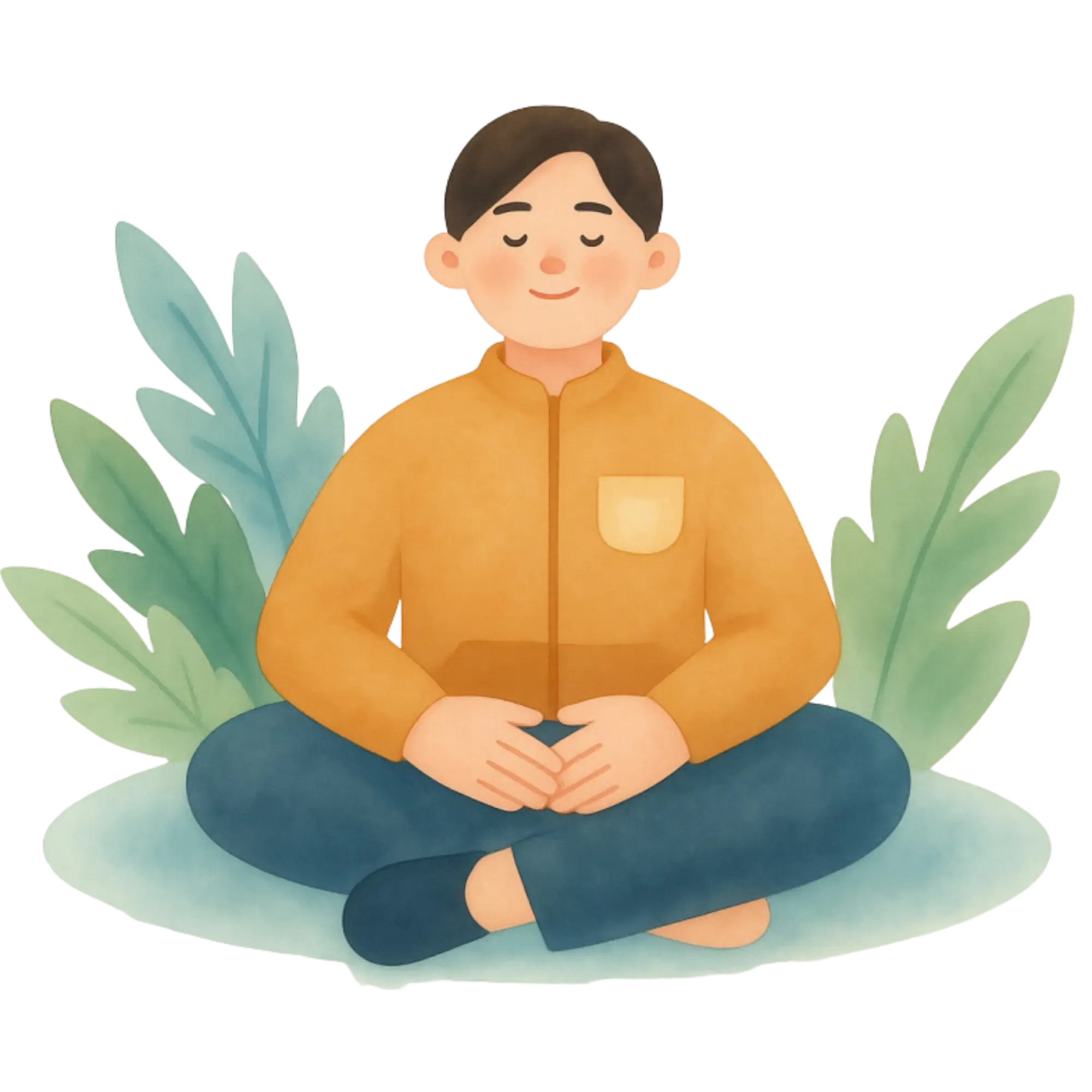 Calm person sitting cross-legged with eyes closed, hands rested, surrounded by green leaves.