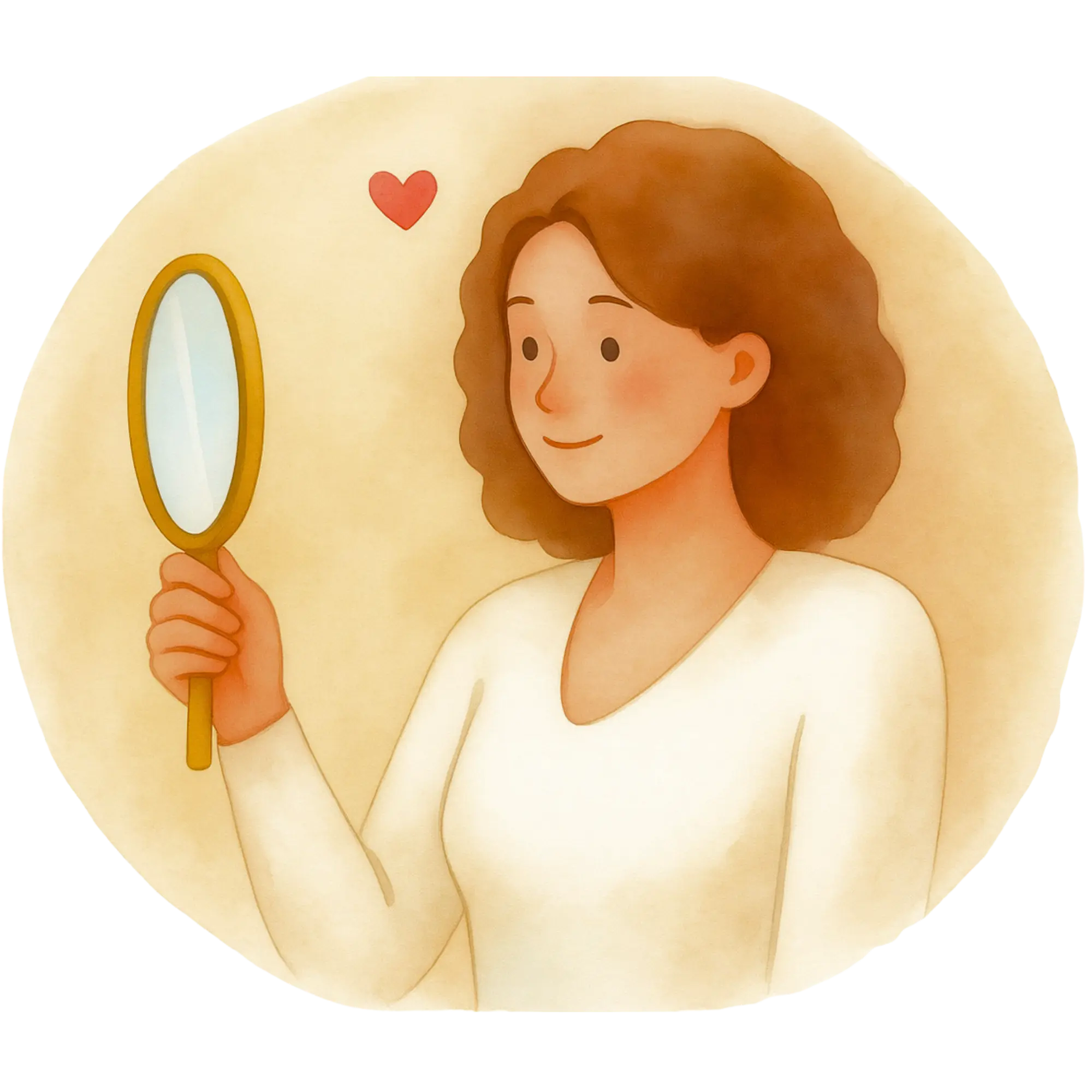 Woman with curly hair holding a hand mirror and a red heart floating beside her.