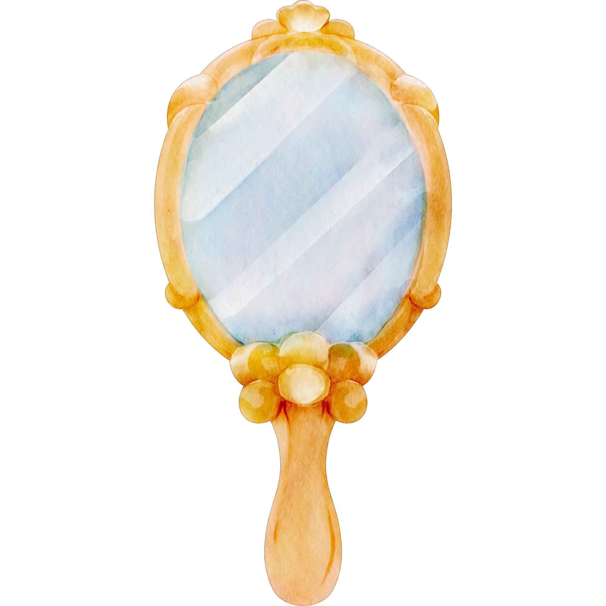 Watercolor illustration of a vintage handheld mirror with a decorative yellow handle and frame.