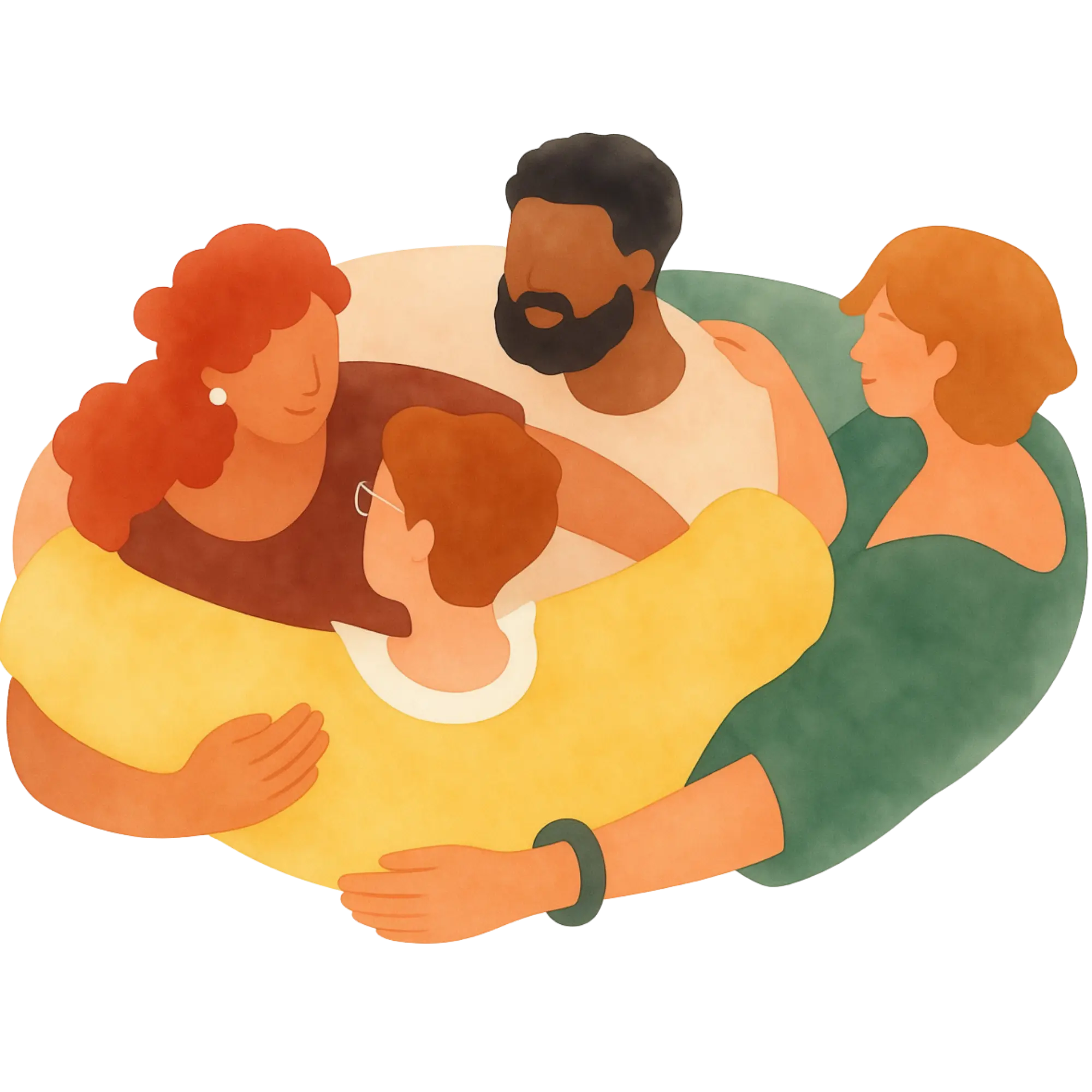 Illustration of four diverse people hugging each other in a supportive group embrace.