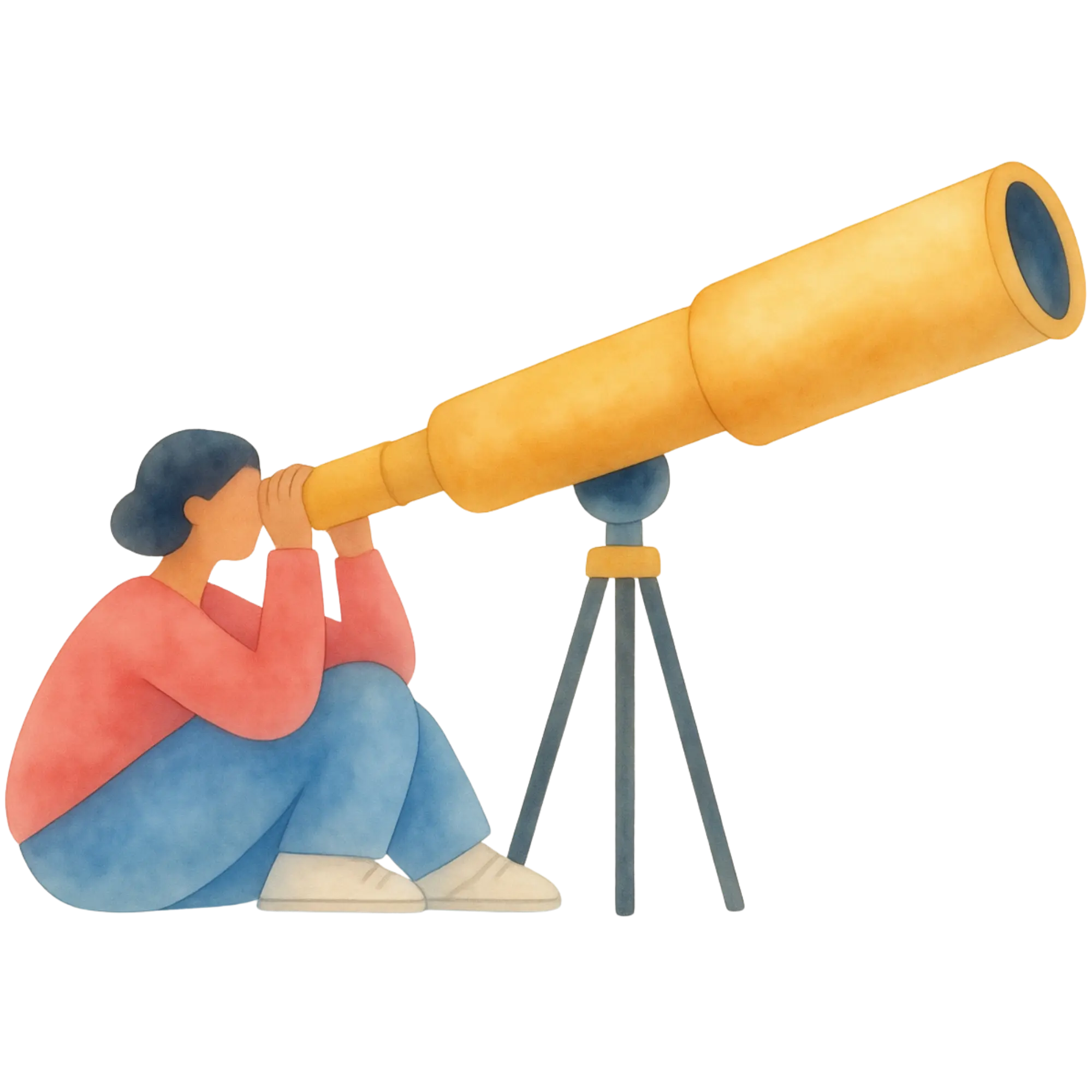 Person sitting on the ground looking through a large golden telescope mounted on a tripod.