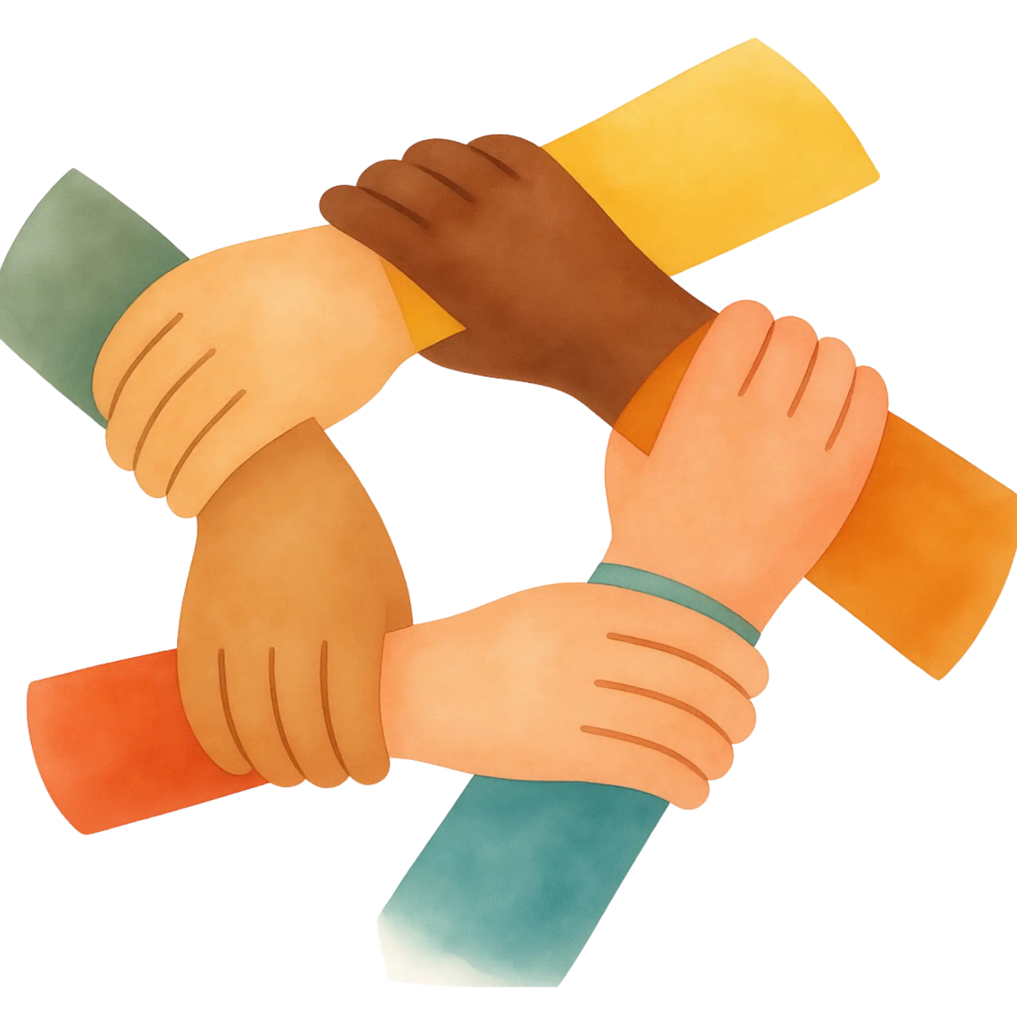 Illustration of four diverse hands grasping each other's wrists in a unity circle.