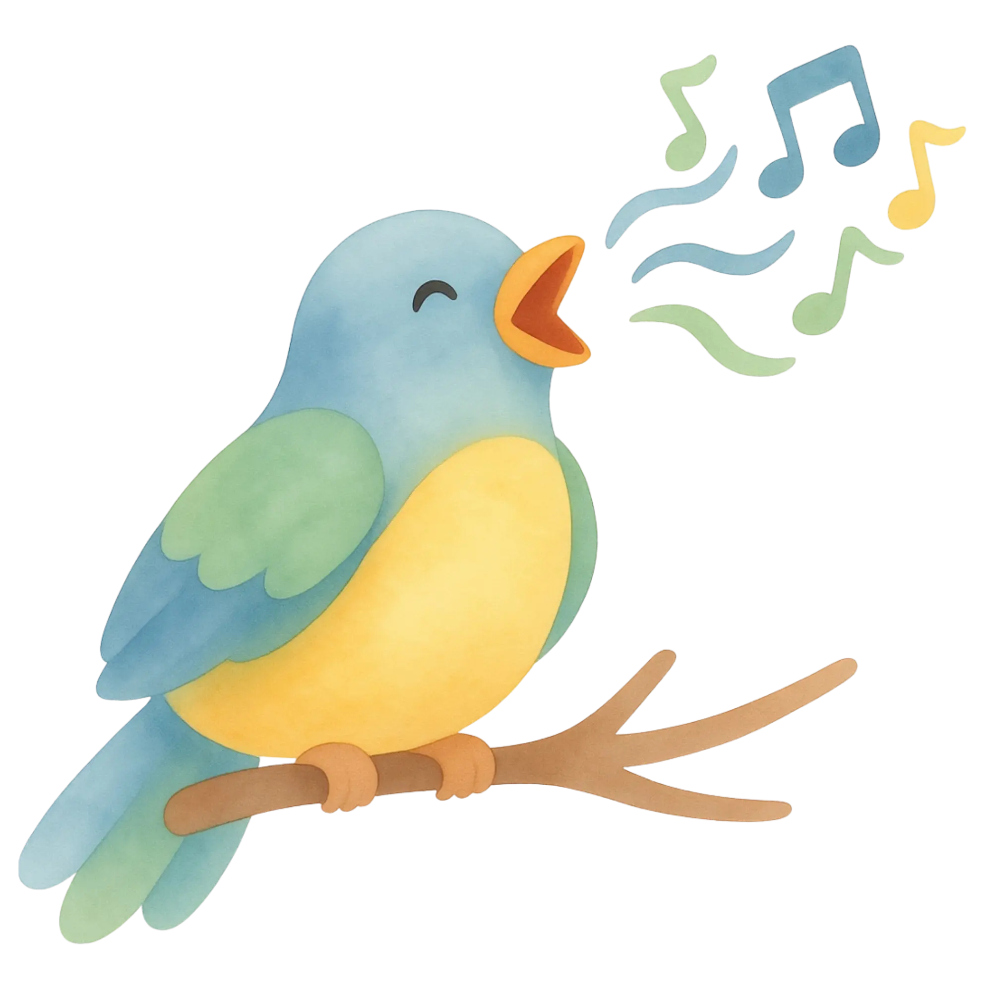Colorful bird with blue wings and yellow belly singing on a branch with musical notes.