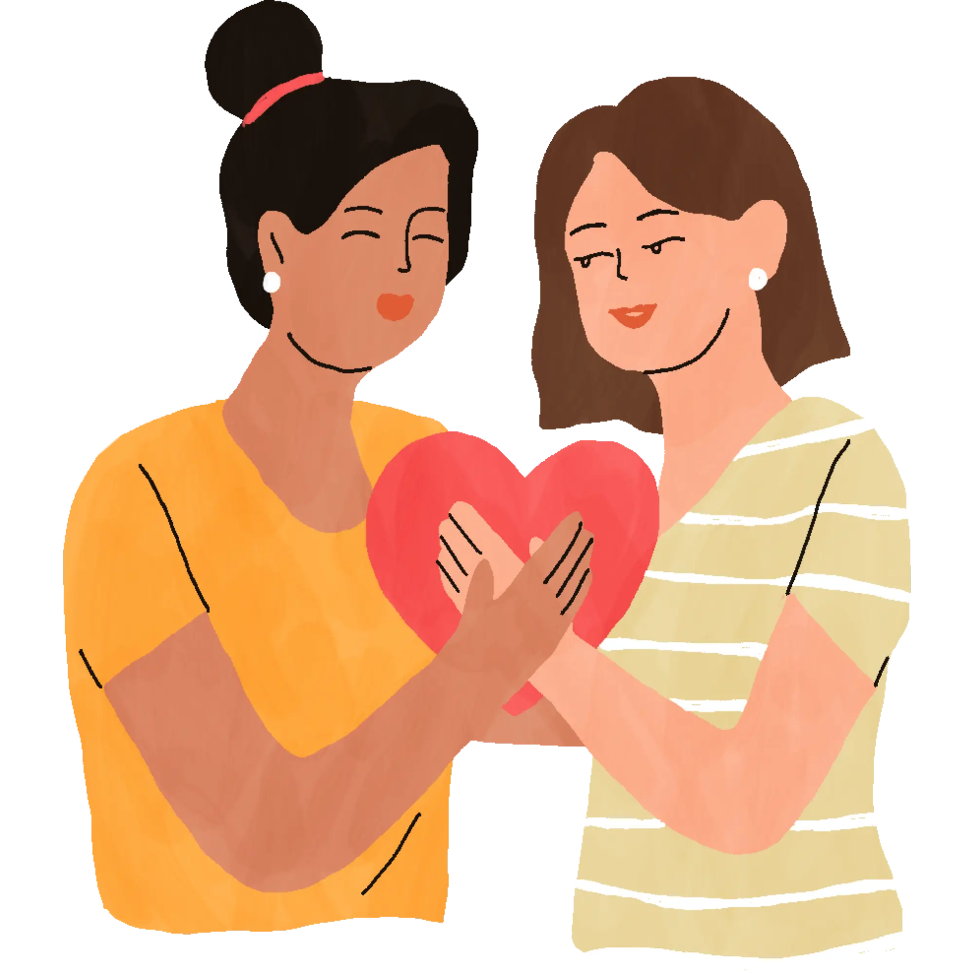 Two women holding a red heart together, symbolizing friendship and love.