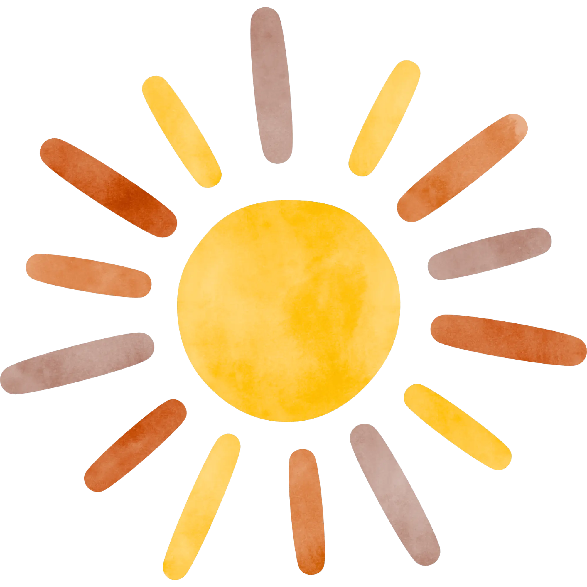 Stylized yellow sun with radiating rays in orange, yellow, and brown tones on a transparent background.