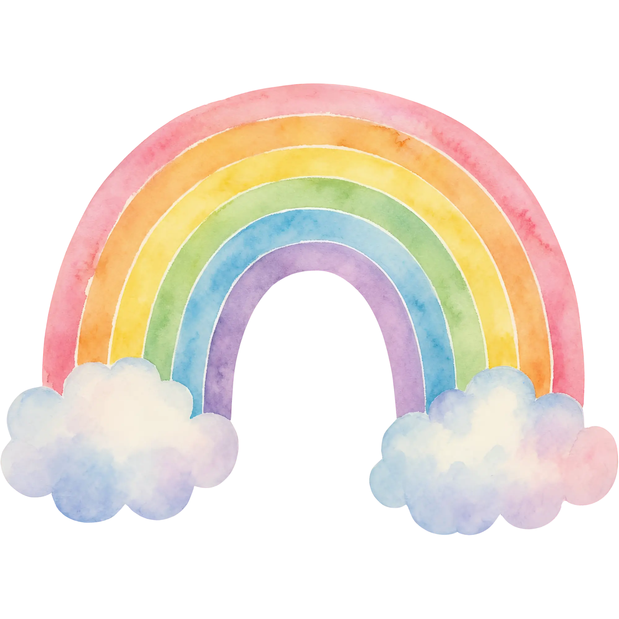 Watercolor rainbow arch with six colors and fluffy clouds at each end.