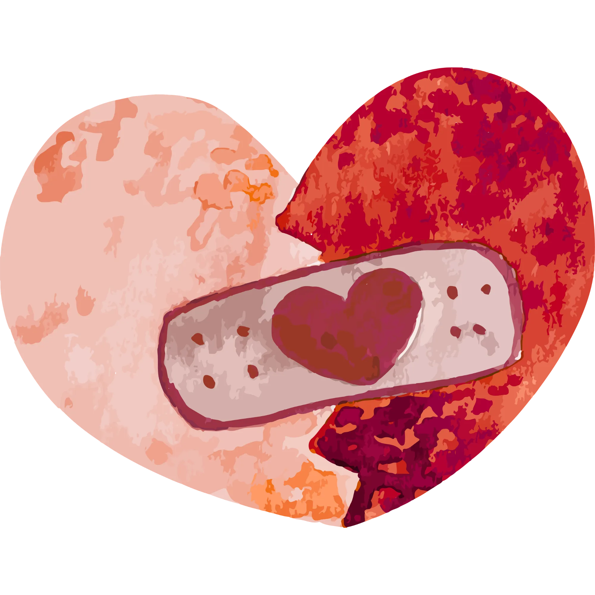 A broken heart image shows a bandage with a small heart patching it. The heart is textured in shades of red and pink.