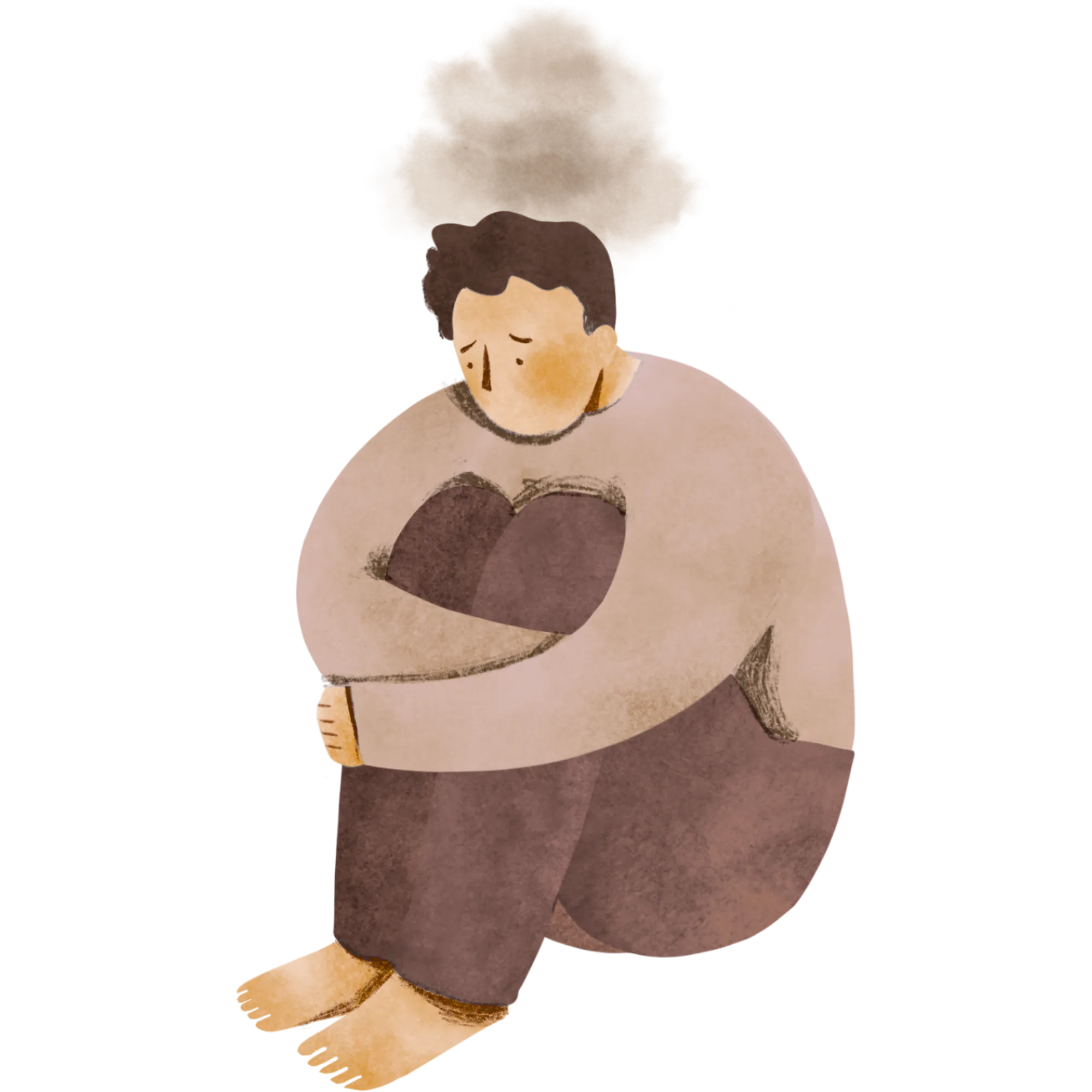 A person sits hugging their knees. A dark cloud hovers above their head, conveying a sense of distress or worry.