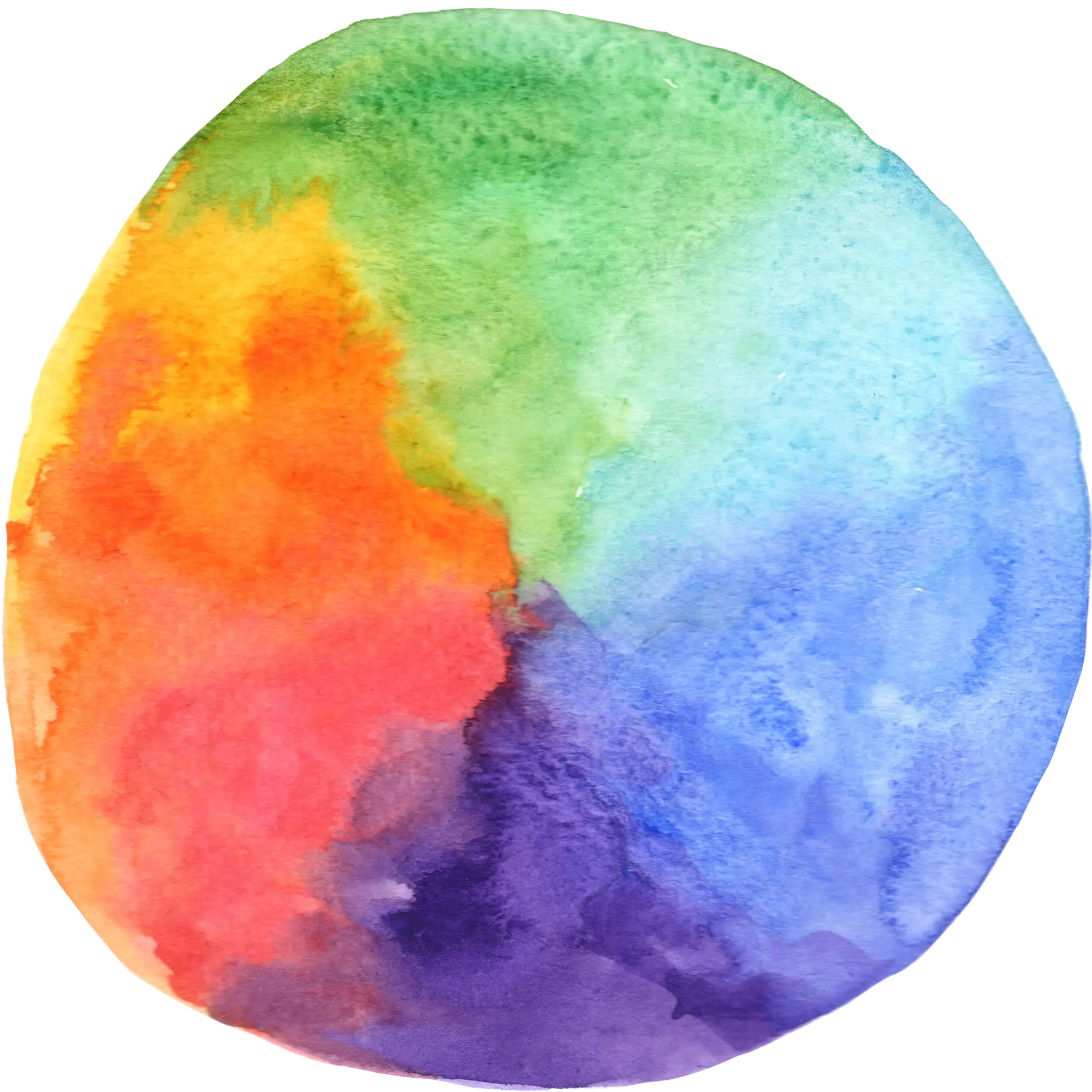 Watercolor painting of an oval shape with vibrant rainbow hues blending seamlessly: red, orange, yellow, green, blue, and purple.