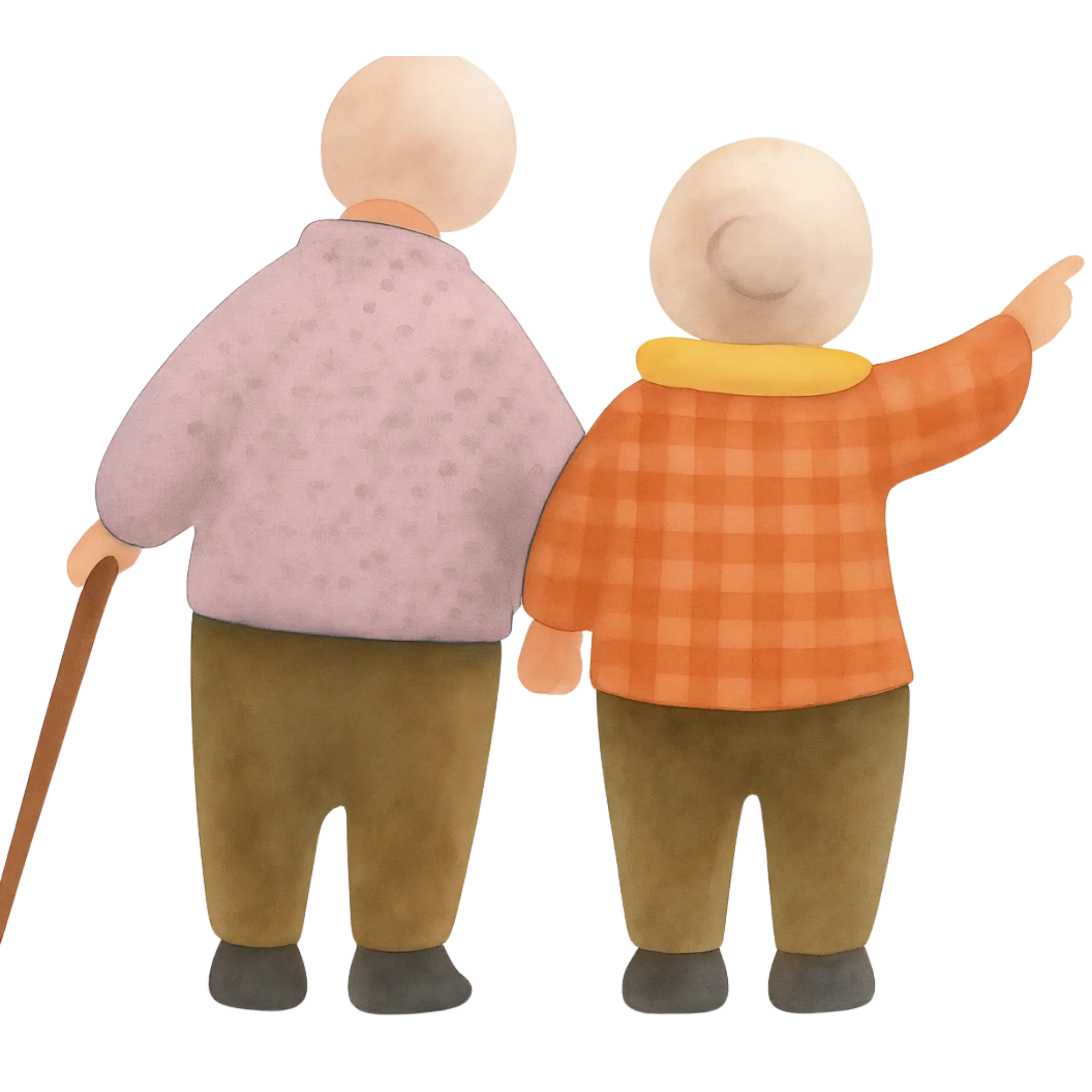 Two elderly individuals holding hands.