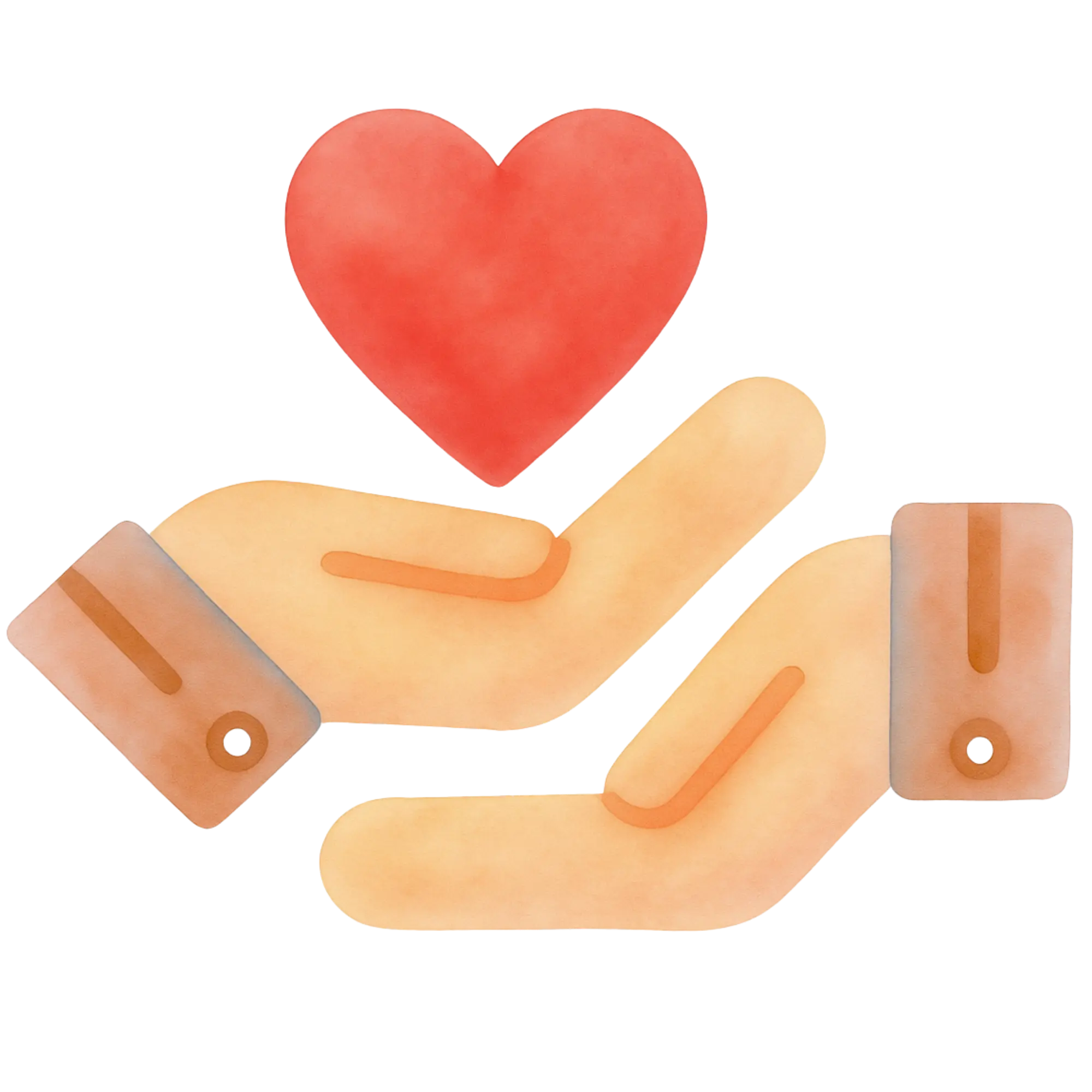 Two hands, palms up, are cupped together against a black background, holding a red heart symbol above them.
