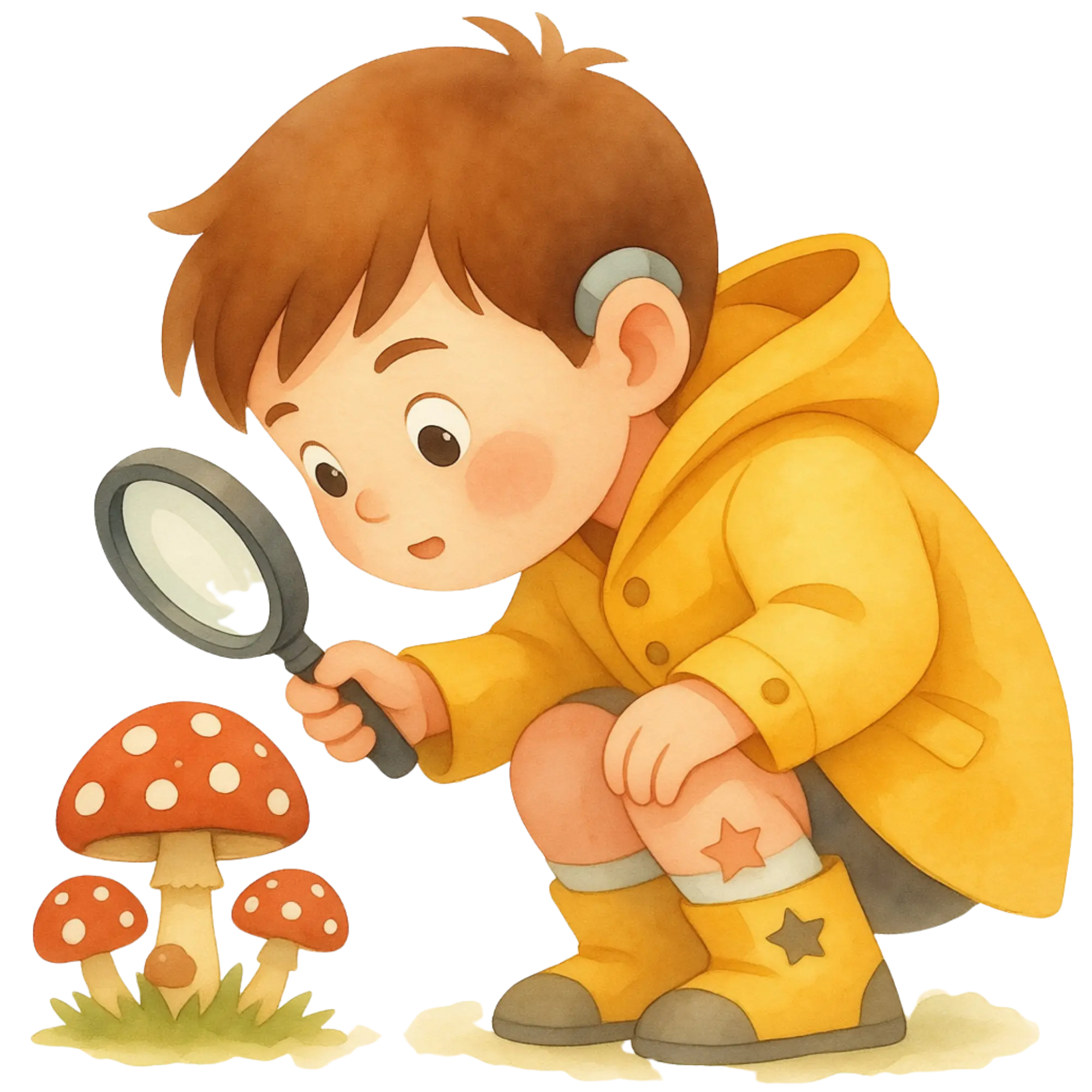 Child in yellow coat and boots examining red mushrooms with white spots through a magnifying glass.