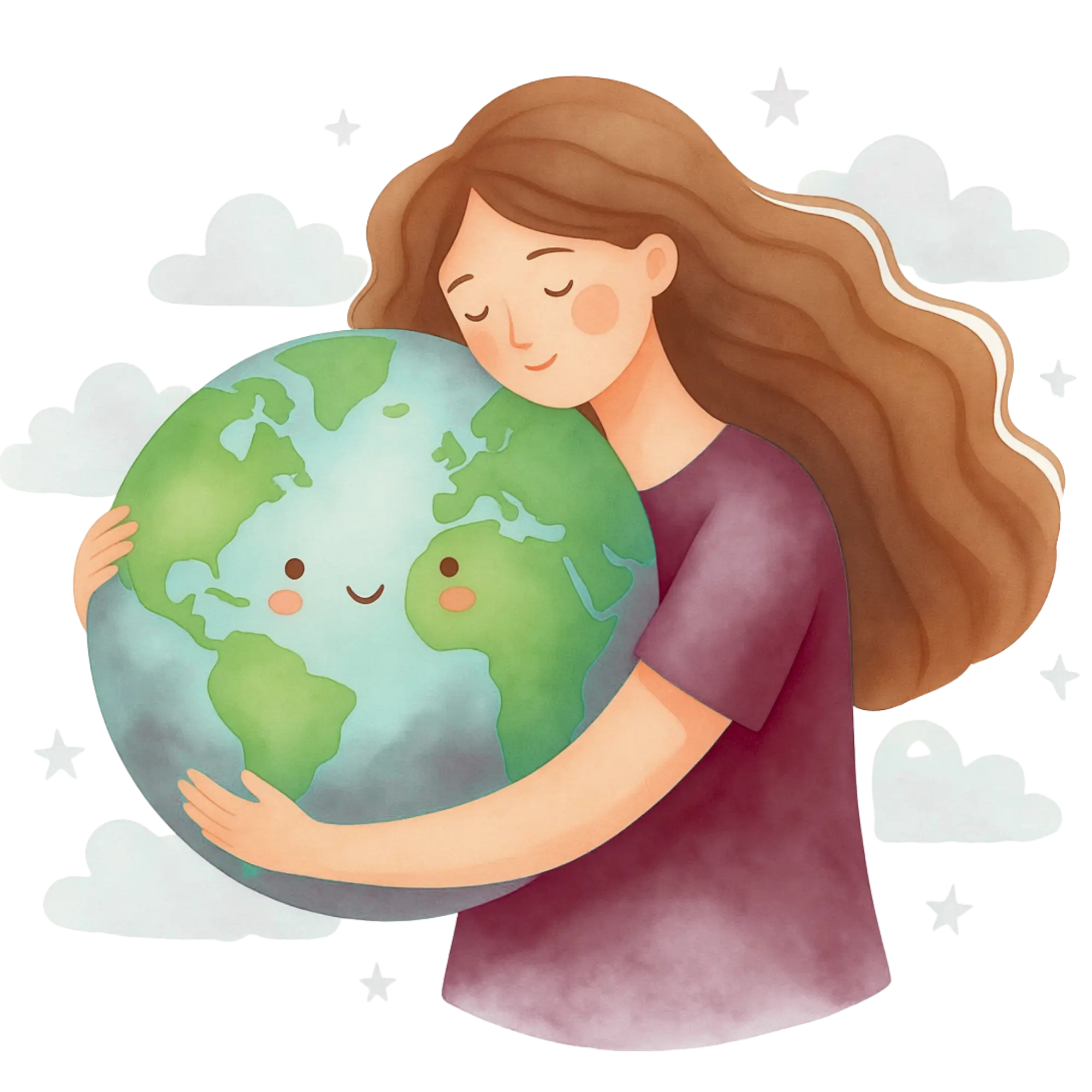 Girl with long brown hair hugging a smiling Earth with clouds and stars in the background.