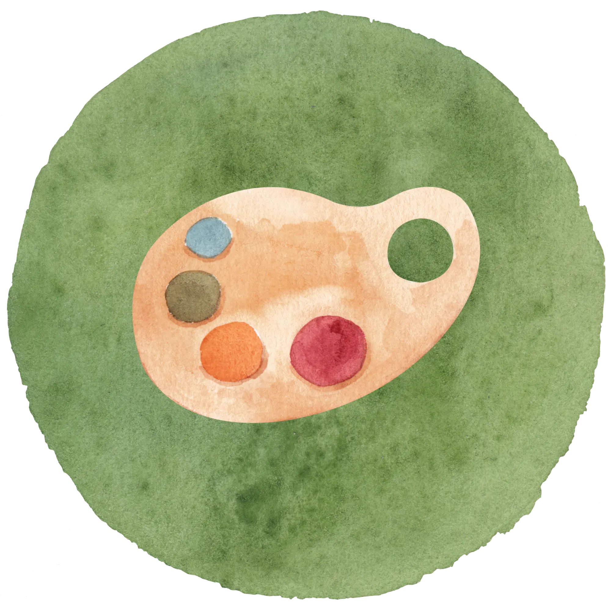 Watercolor illustration of a painter's palette on a green circle