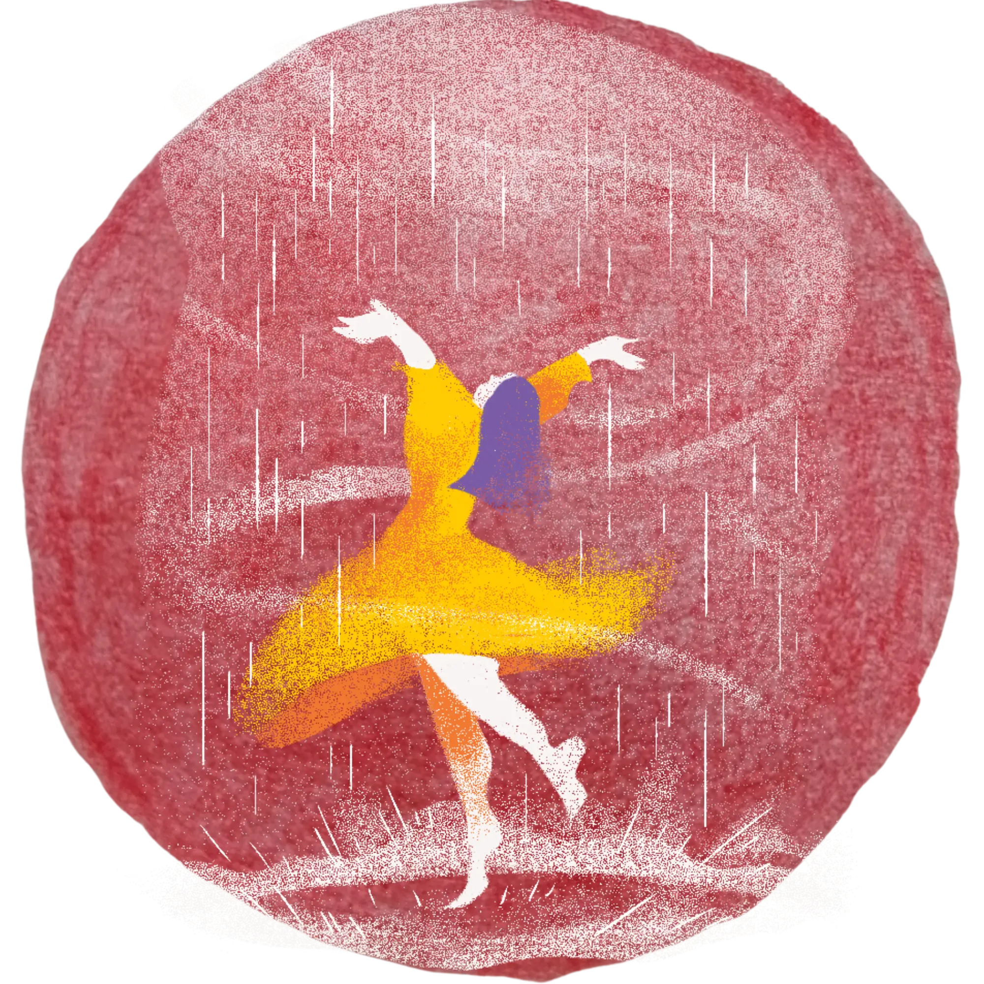 Watercolor illustration of a person in a yellow dress dancing with a red circular backdrop
