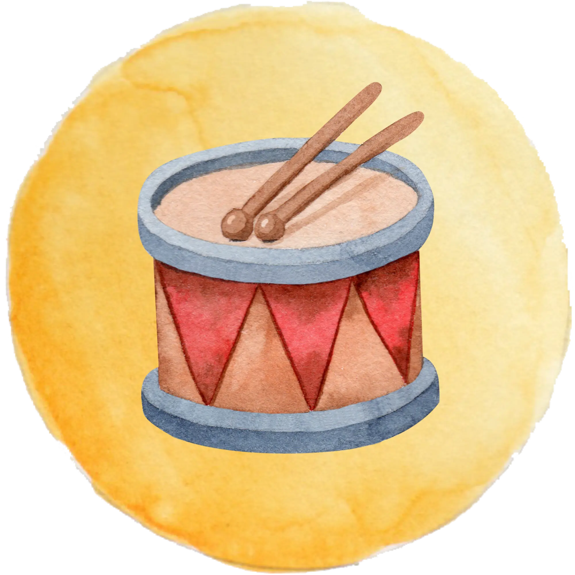 Watercolor illustration of drums on a yellow circle