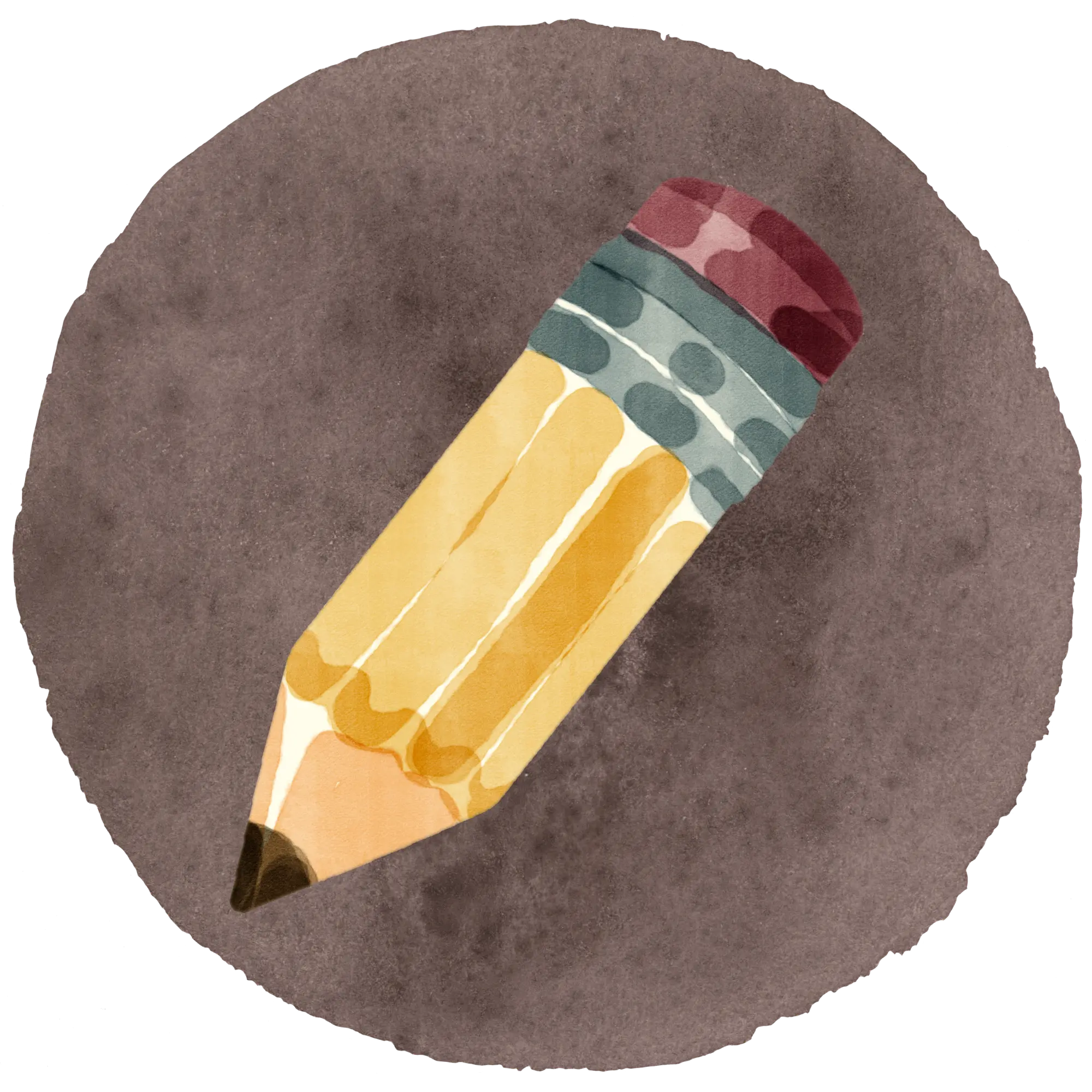 Watercolor illustration of a pencil on a brown circle