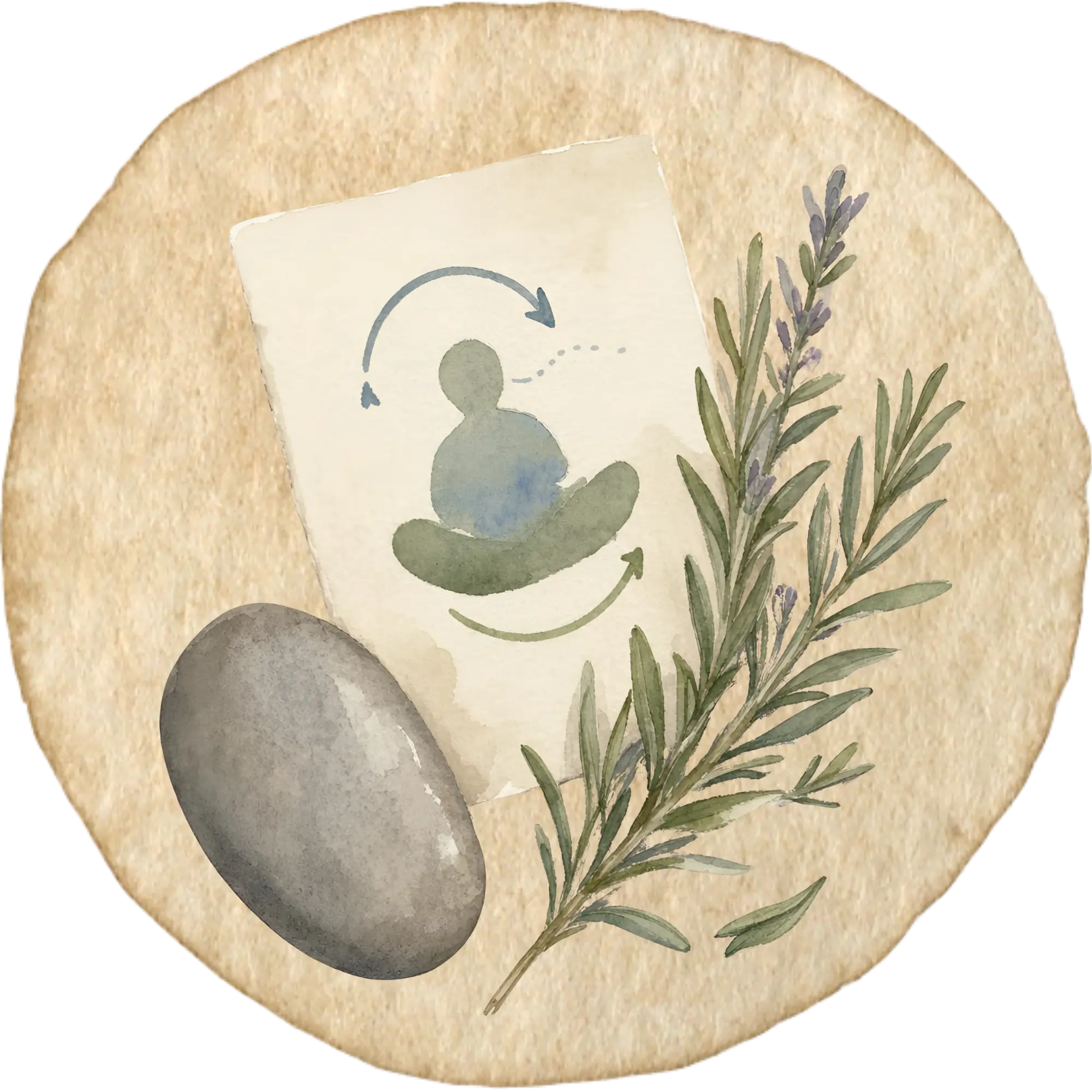 Watercolor illustration of a stone, fern and a figure meditating on a beige circle