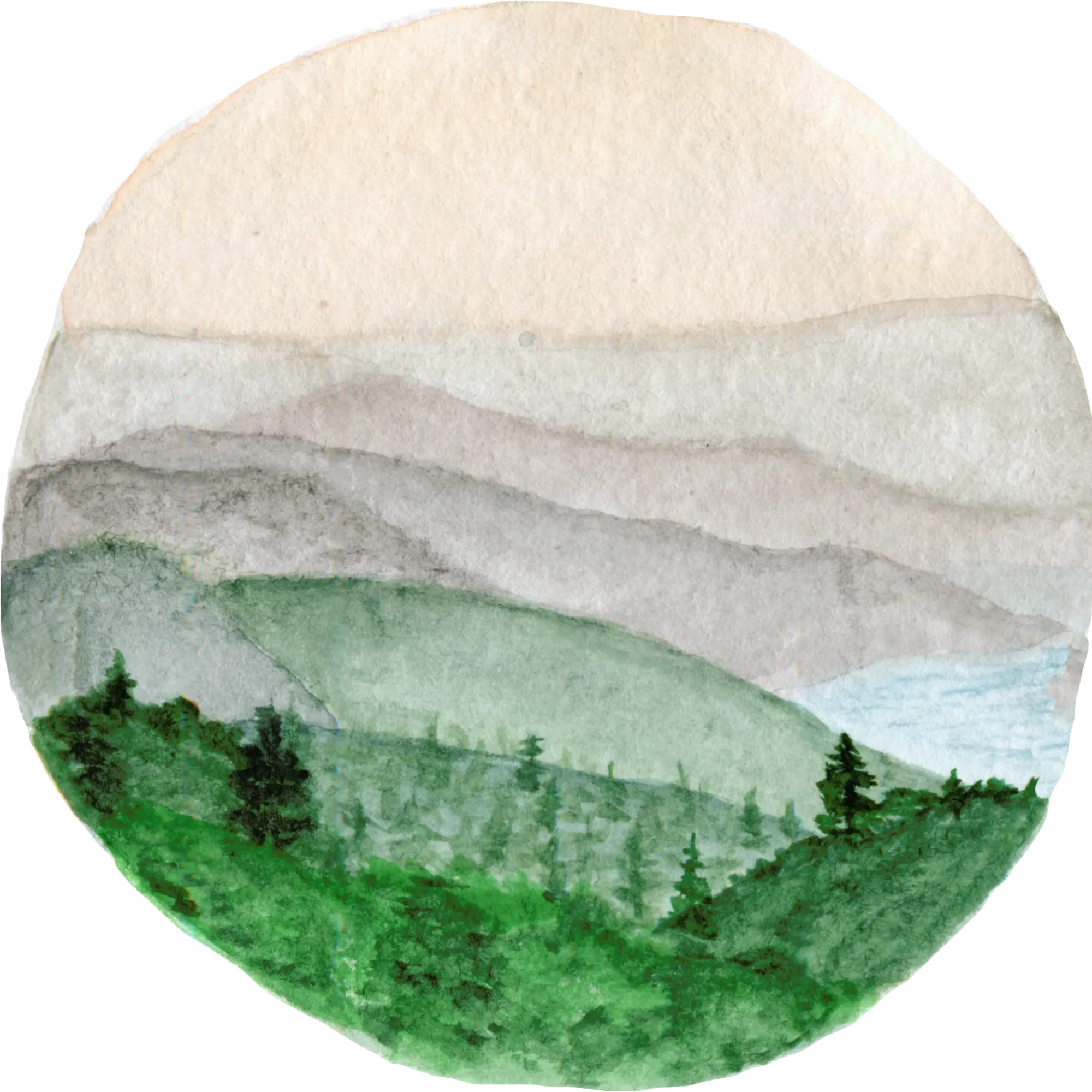 Watercolor illustration of a natural landscape in a circle