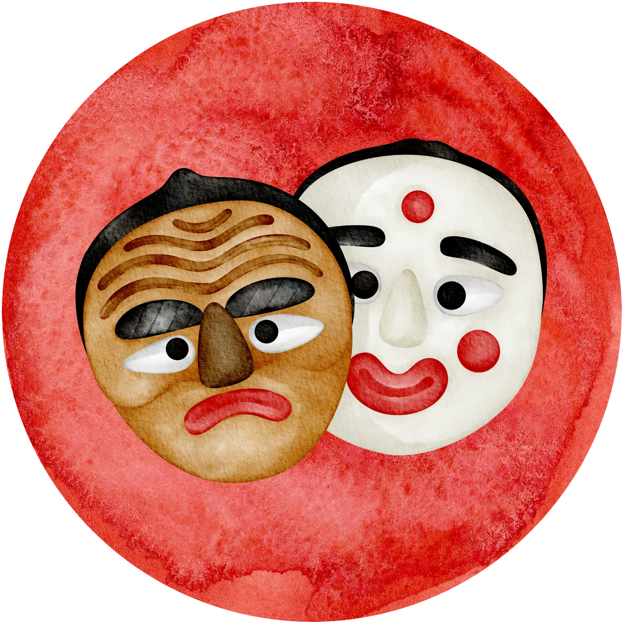 Watercolor illustration of two theatre masks on a red circle
